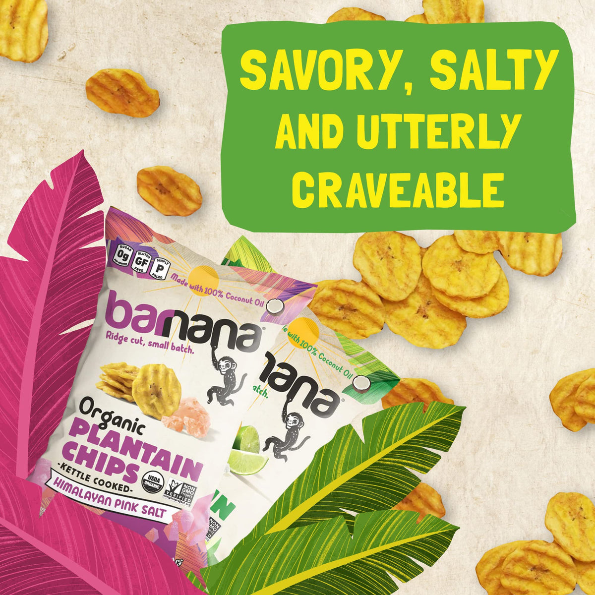 Barnana Organic Plantain Chips, Acapulco Lime, 100% Coconut Oil, Vegan, 2 oz, 6-Pack