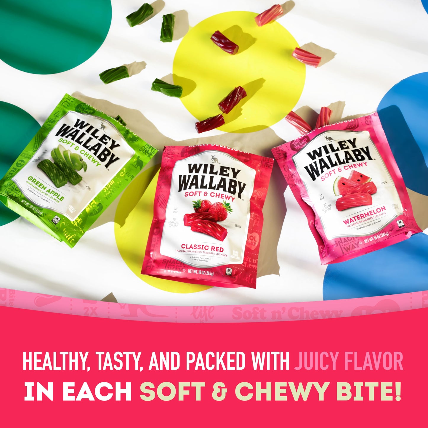 Wiley Wallaby Licorice 10 Ounce Variety Pack - Red, Watermelon & Green Apple Classic Gourmet Australian Style Soft & Chewy Licor