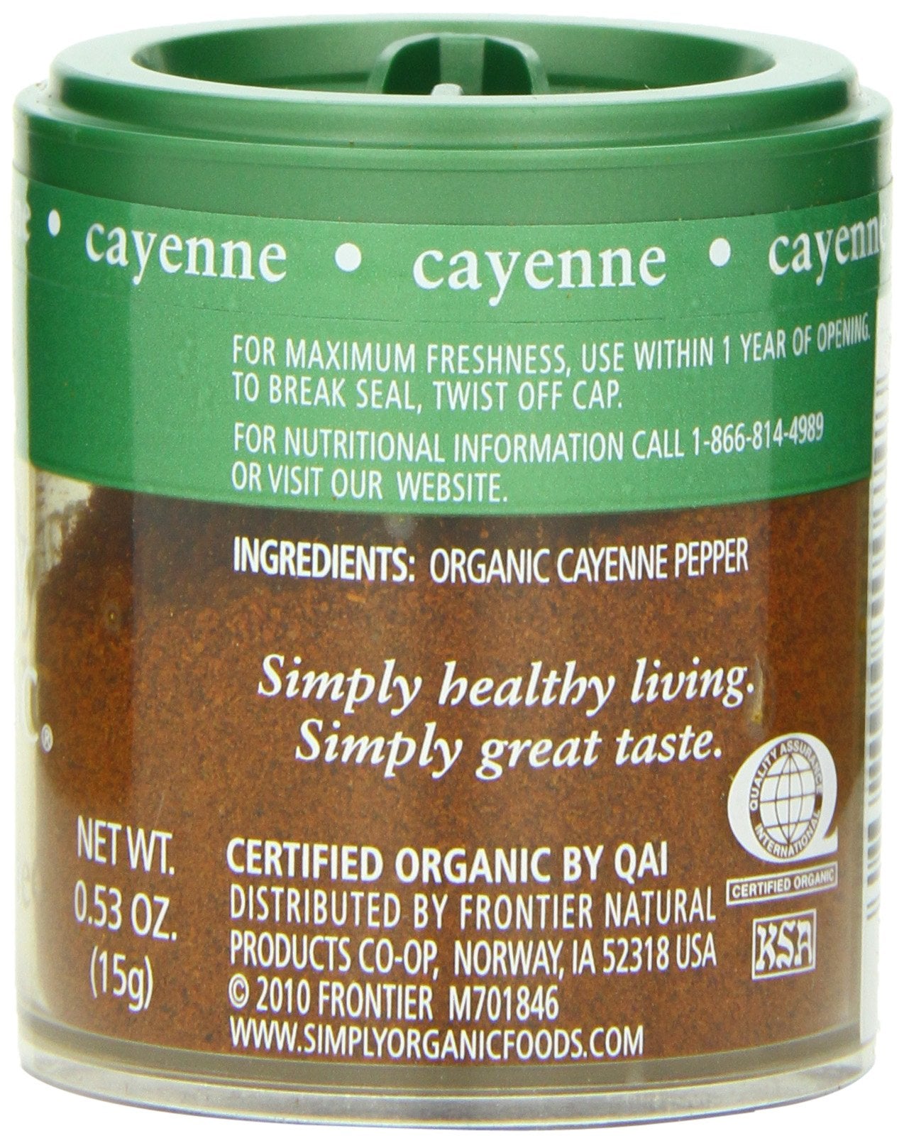 Simply Organic Cayenne Ground Spice, 0.53 Ounce, Pack of 6, Plastic
