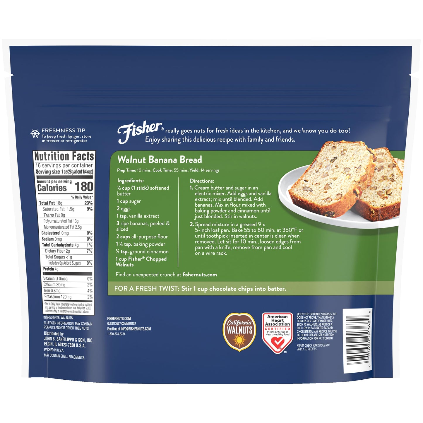 Fisher Chefs Naturals Chopped Walnuts 1 Lb, 100% California Unsalted Walnuts For Baking & Cooking, Snack Topping, Resealable Bag, Healthy Snacks For Mature-Themeds, Vegan Protein, Keto Snack, Chopped Nuts