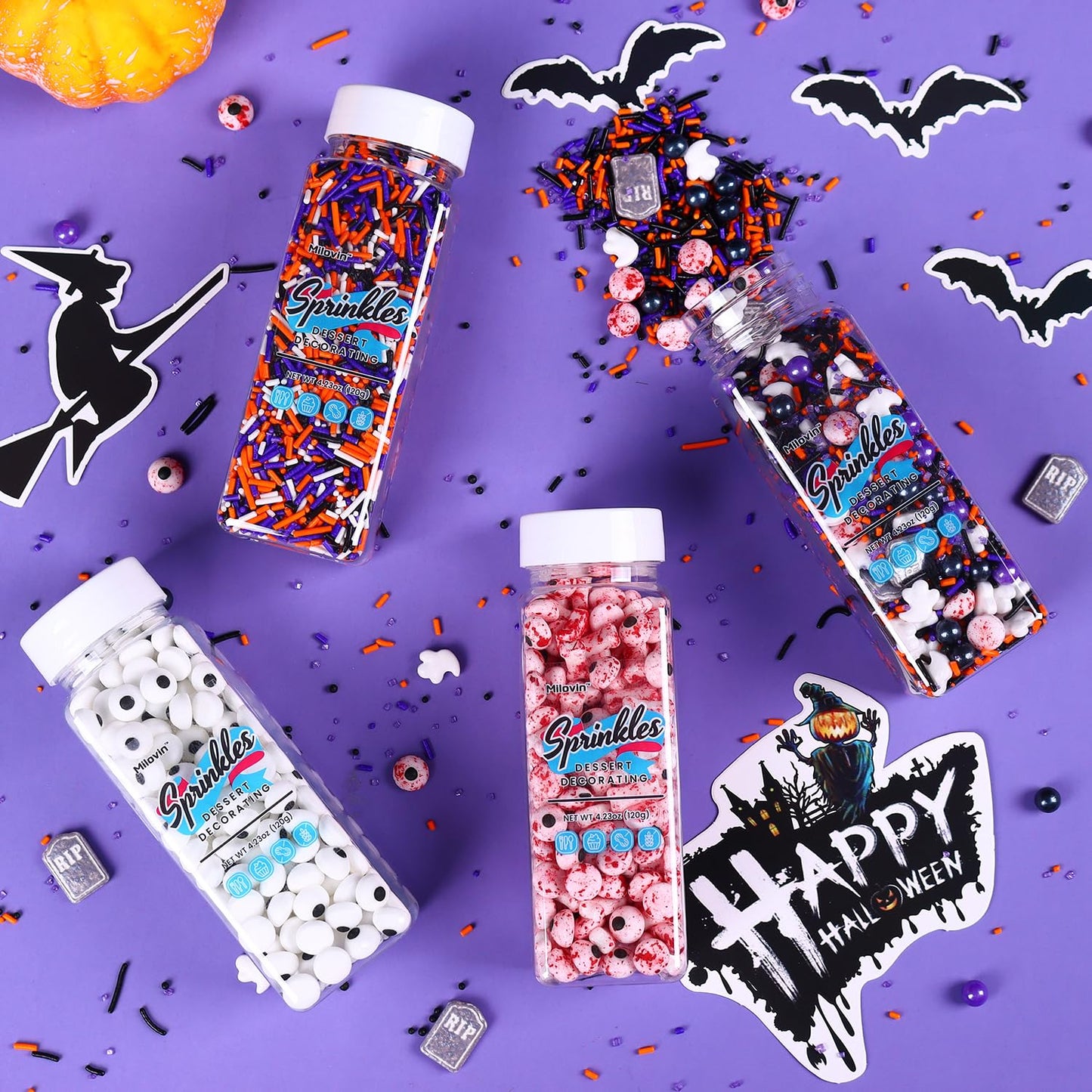 Milovin Bloody Eyeballs Candy Sprinkles for Halloween - Edible Candy Eyes & Bones, 4.23oz, Halloween-Eyeball Bone