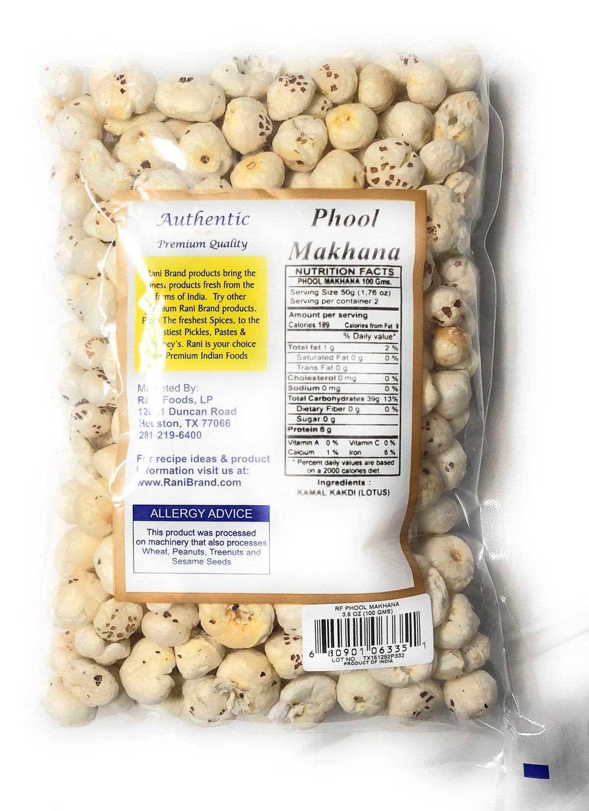 Rani Jumbo Phool Makhana (Fox Nut/Popped Lotus Seed) Plain Raw Uncooked 3.5Oz (100G) ~ All Natural | Vegan | No Colors | Gluten
