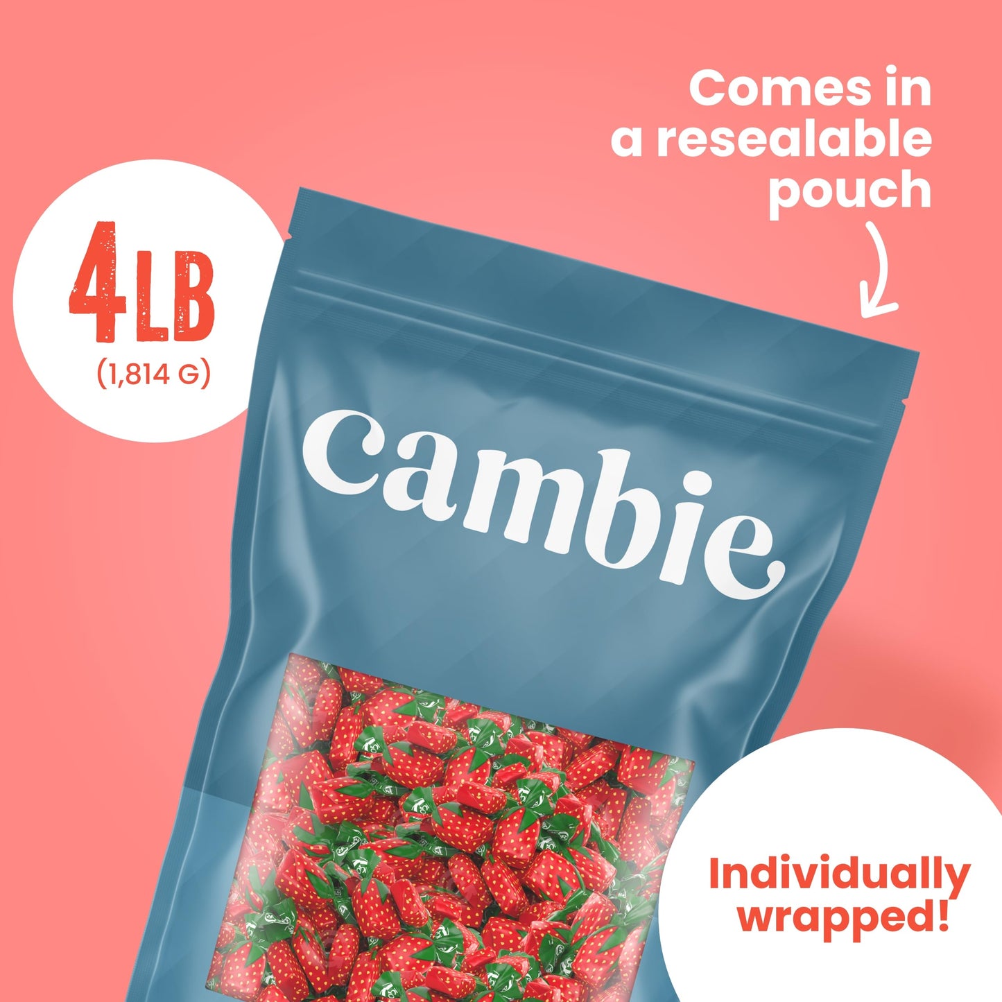 Strawberry Hard Candy Individually Wrapped by Cambie, 4 lbs of Halloween Candy Bulk with a Deliciously Sweet Hard Exterior with