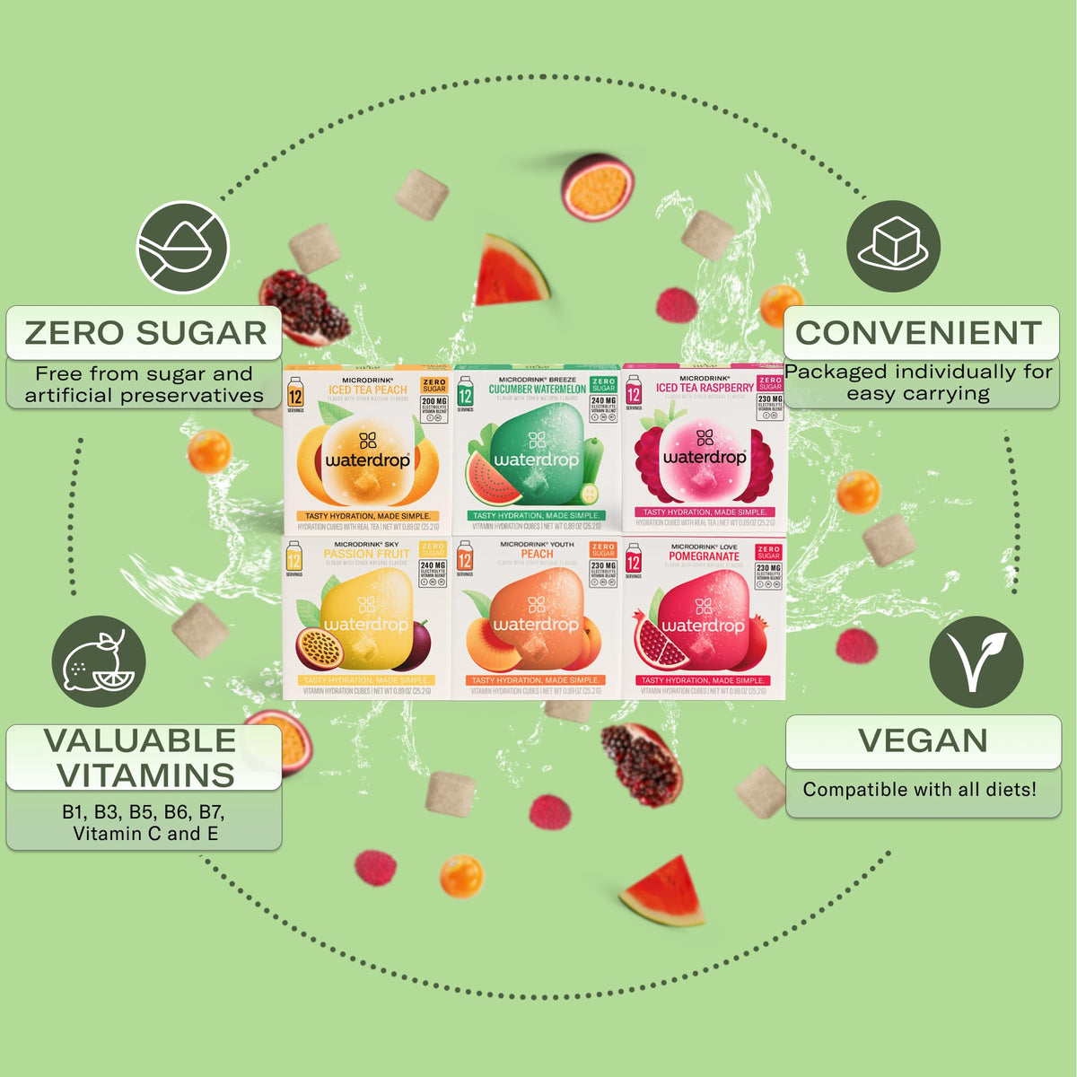 Waterdrop Hydration Cubes, 6 Flavor Variety Pack, Vitamin C, E, B1, B3, B6, B7, B8 & Electrolyte Drops for Still & Sparkling Wat