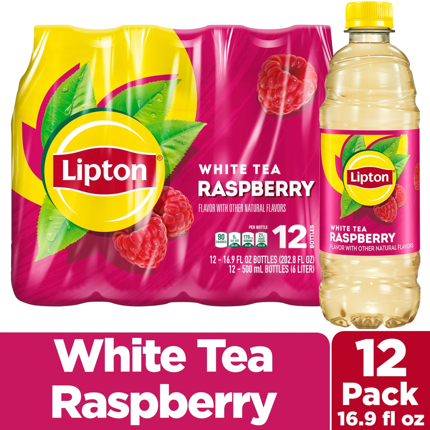 Lipton Raspberry White Tea, 16.9 Fl Oz Bottles, Pack of 12, Refreshing Beverage