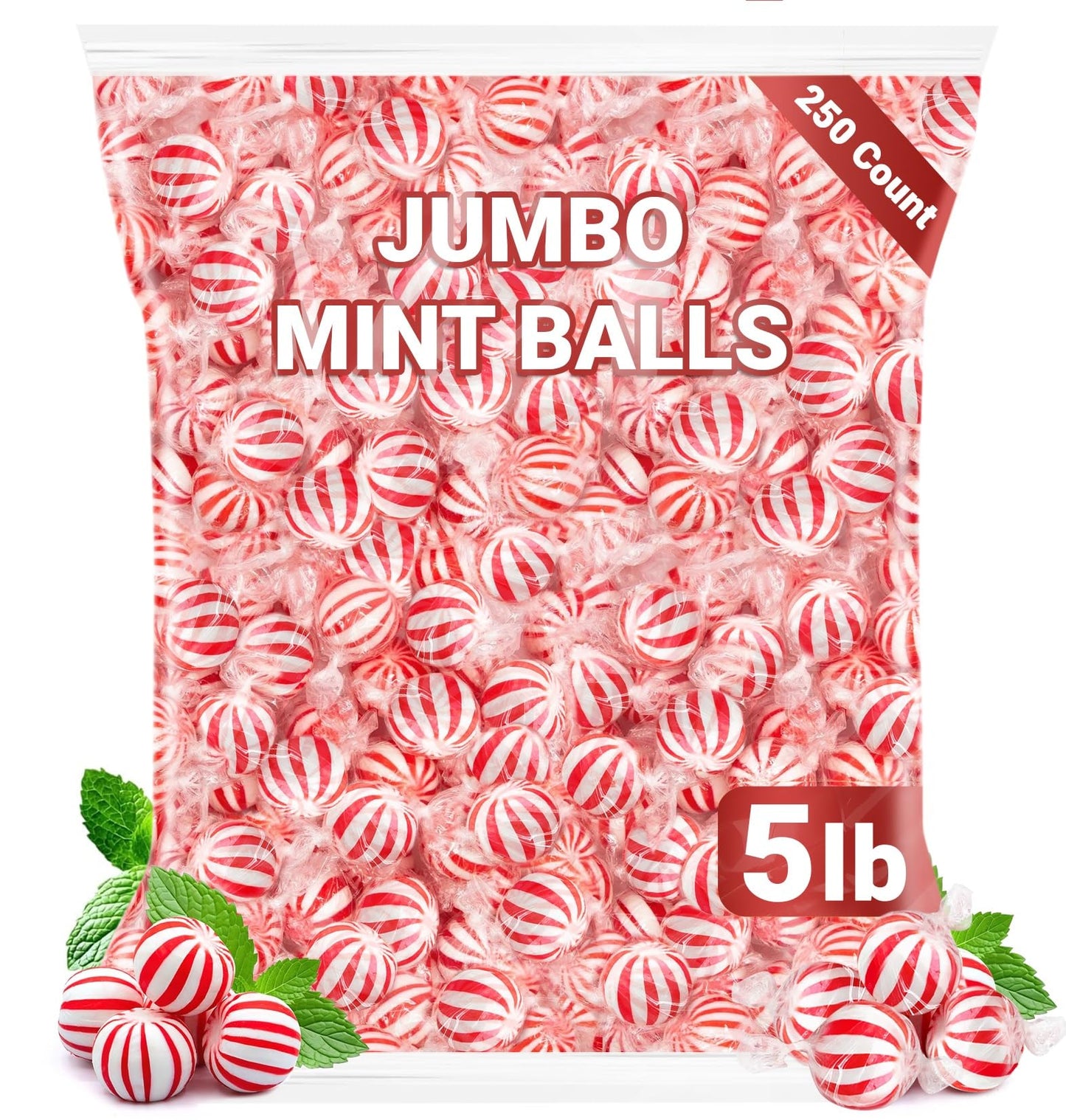 Peppermint Hard Candy 5 Pound Bulk Jumbo Peppermint Candy Balls  Approx 250 Individually Wrapped Mint Balls for Office Bowls  Christmas Candy Jars  and Holiday Party Favors