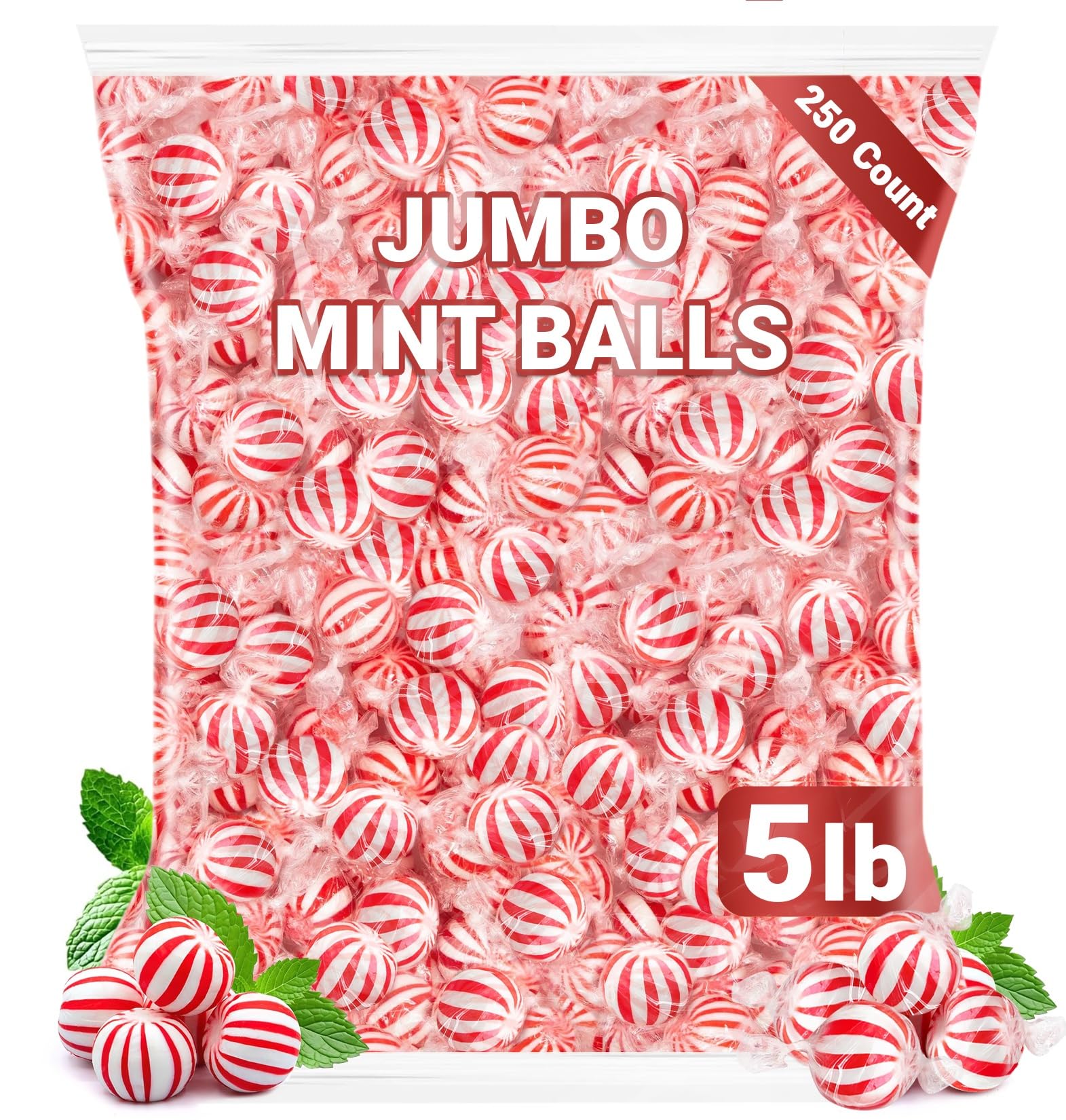 Peppermint Hard Candy 5 Pound Bulk Jumbo Peppermint Candy Balls  Approx 250 Individually Wrapped Mint Balls for Office Bowls  Christmas Candy Jars  and Holiday Party Favors