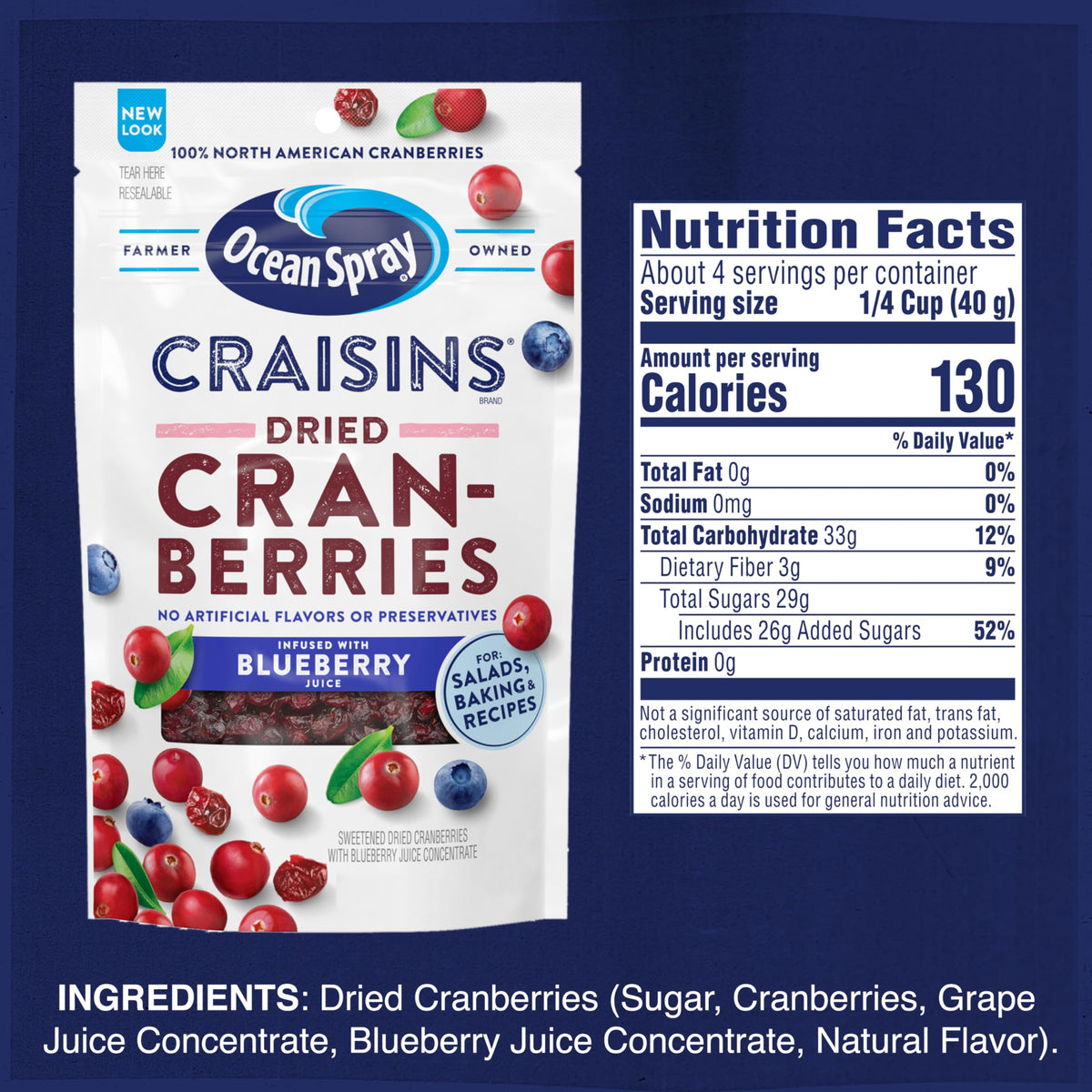 Ocean Spray Craisins Dried Cranberries, Blueberry, 6 Ounce