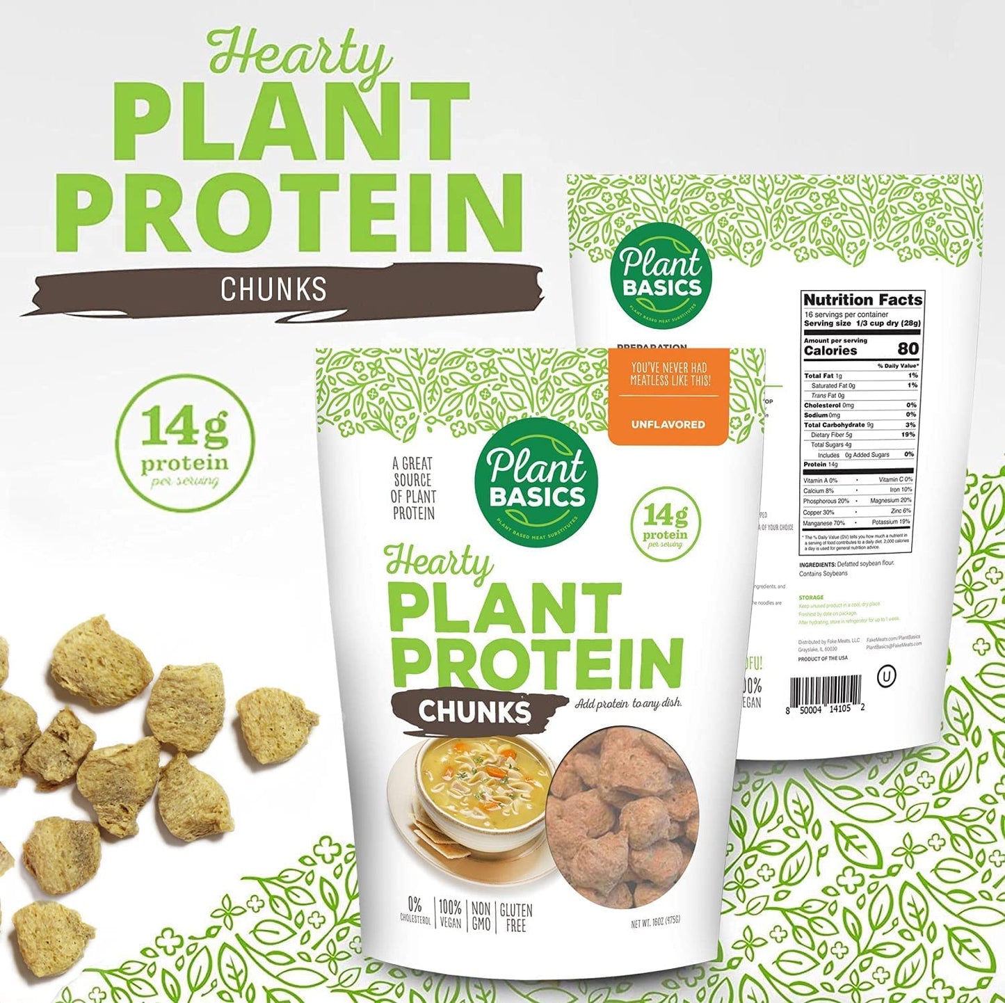 Plant Basics Hearty Plant Protein - Unflavored Chunks, 6 lb Bulk Bag, Non-GMO, Vegan, Gluten Free, Low Fat, Low Sodium