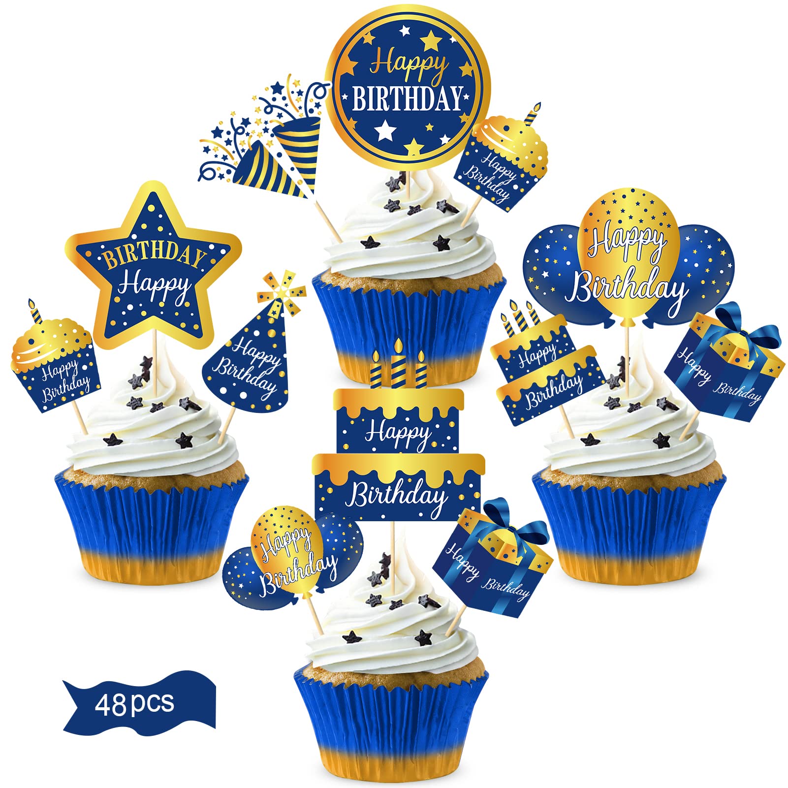 Lnlofen 48Pcs Happy Birthday Cake Toppers Decorations For Boys Men, Blue Gold Birthday Cupcake Toppers, 16Th 21St 30Th 40Th 50Th