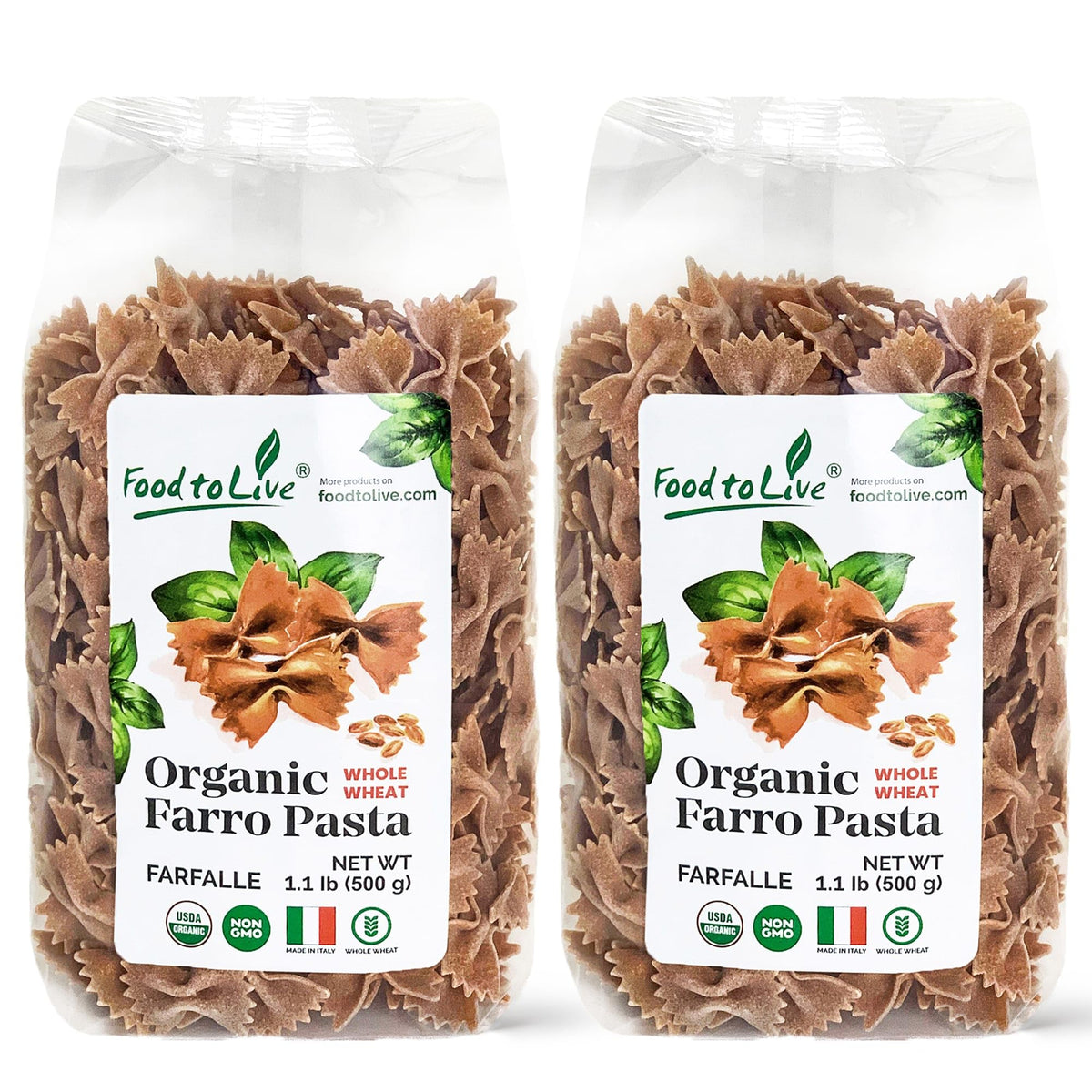 Food to Live - Organic Farro Farfalle Pasta, 1.1 lb (Pack of 2) - Italian Whole Wheat and Non-GMO Bow-tie Pasta, Single Ingredie