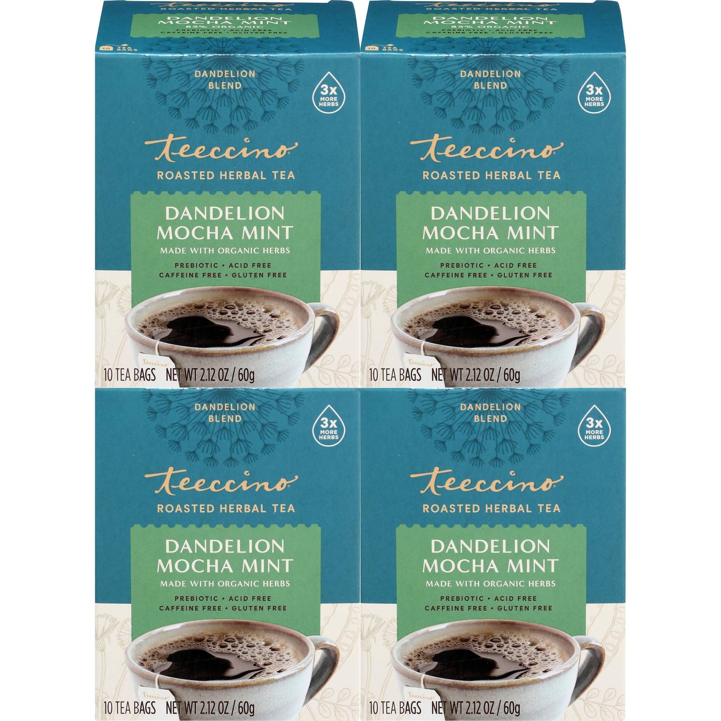 Teeccino Dandelion Mocha Mint Tea - Energy Blend Free  Roasted Herbal Tea With Prebiotics  3X More Herbs Than Regular Tea Bags  Gluten Free - 10 Tea Bags (Pack Of 4)
