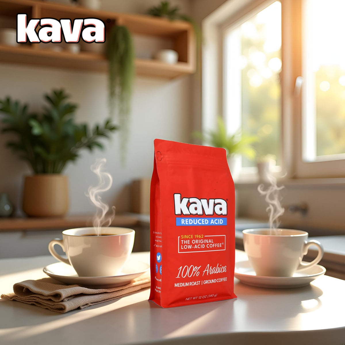 Kava Low Acid Neutralized Ground Coffee - Medium Roast Arabica, Smooth Flavor, 12 Ounce Bag (Pack of 1)