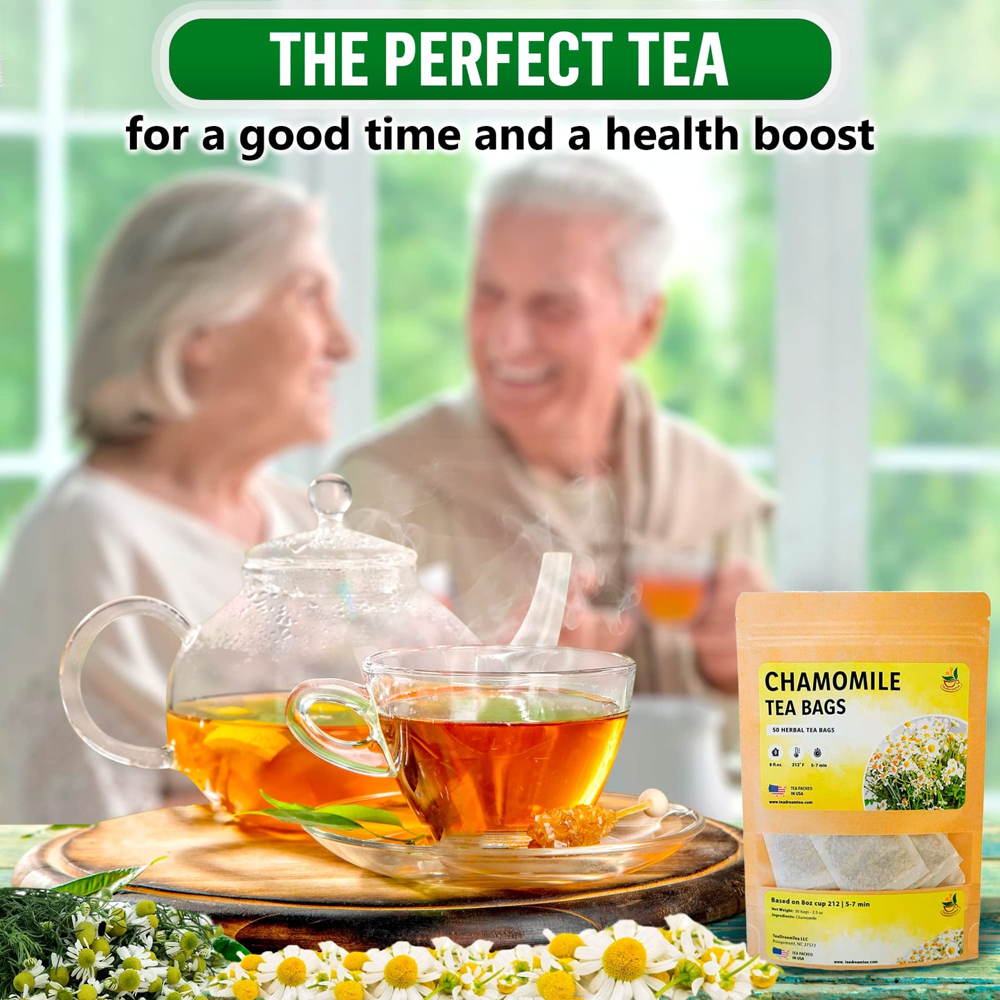 TeaDreamTea Chamomile Tea Bags | Caffeine-Free | 50 Count | Brew Hot or Iced
