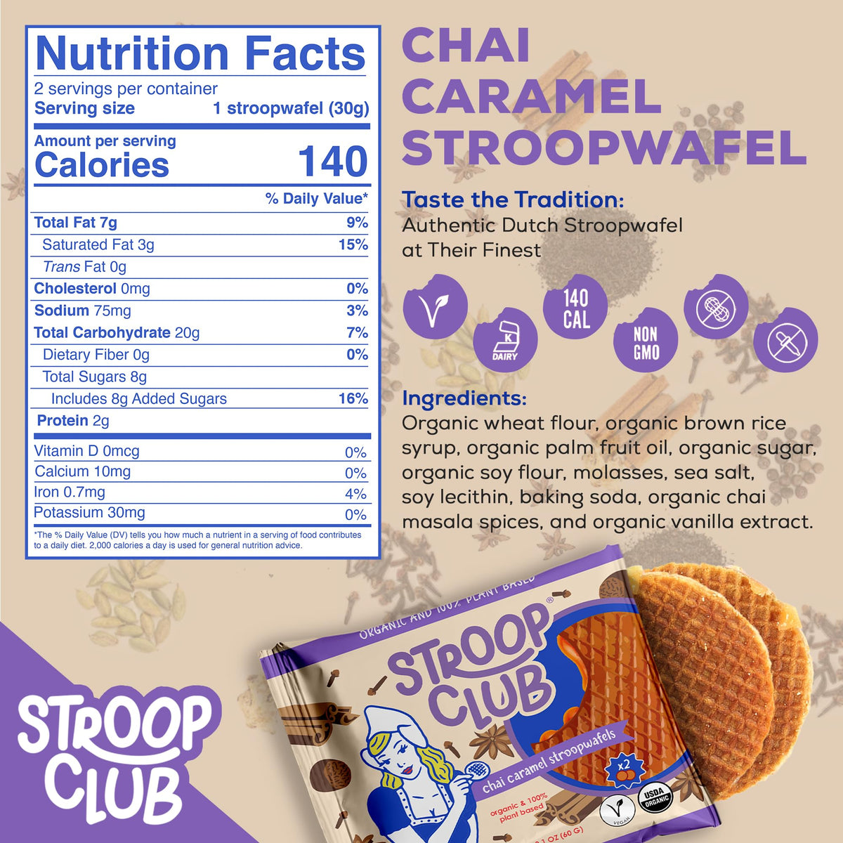Stroop Club Chai Infused Organic Stroopwafel Caramel Treats | Vegan, Plant-Based And Dutch-Approved Indulgence - 12 Vegan Waffle