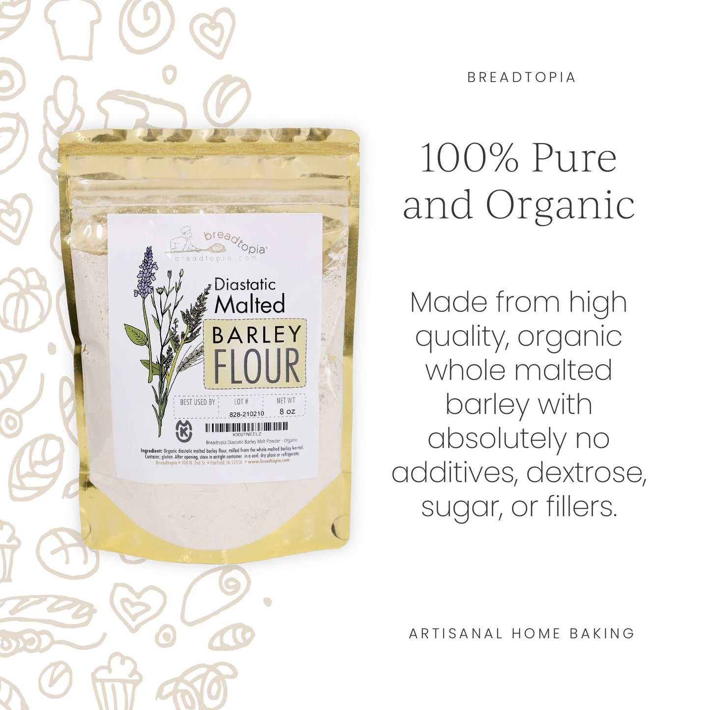 Breadtopia Organic Diastatic Malt Powder, Non-GMO, 8 oz, No Additives, No Sugar, Milled from Whole Malted Barley Kernel
