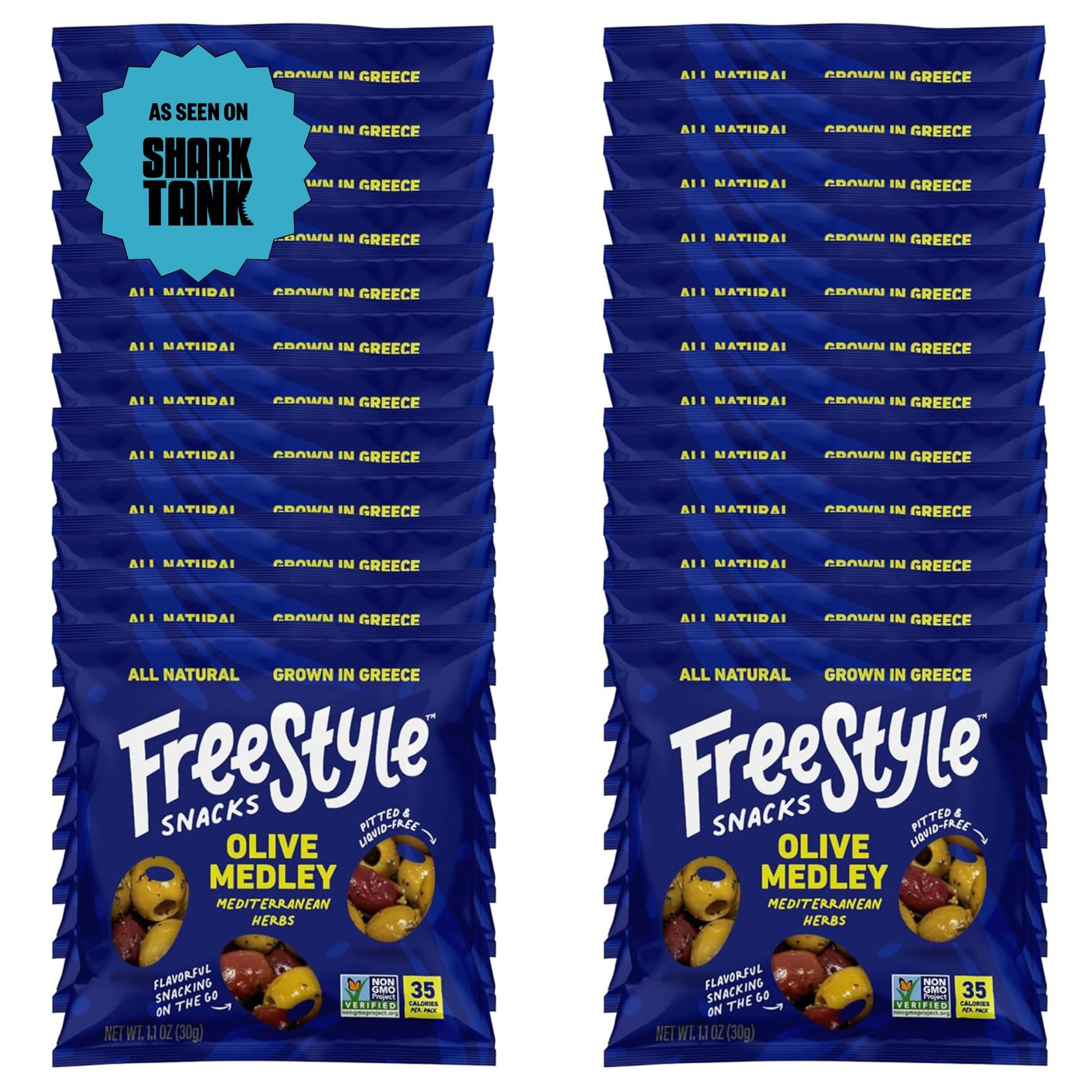 Freestyle Snacks Olive Snack Packs - As Seen On Marine Theme Tank - Single Serve - Fresh Pitted Olives  Grown In Greece  All Natural  Non-Gmo  Sugar-Free  Salty - Mediterranean Herb  1.1Oz (24 Pack)