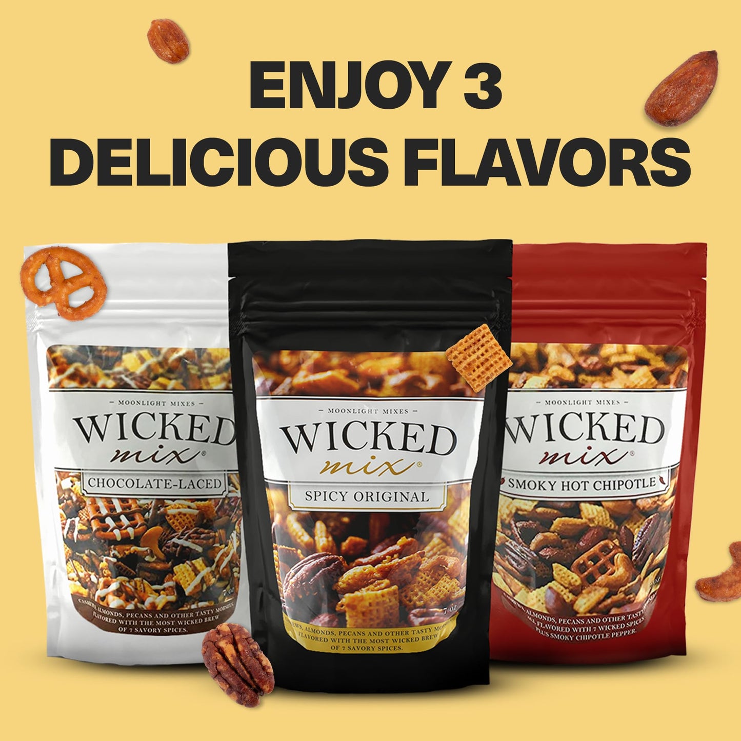 Wicked Mix Snack Mix With Mixed Nuts - Sweet And Salty Snacks Trail Mix Snack Packs With Almonds, Cashews, Pretzels, Pecans - Healthy Snacks Zero Trans Fat In Resealable Bag (Original Mix, Pack Of 3)