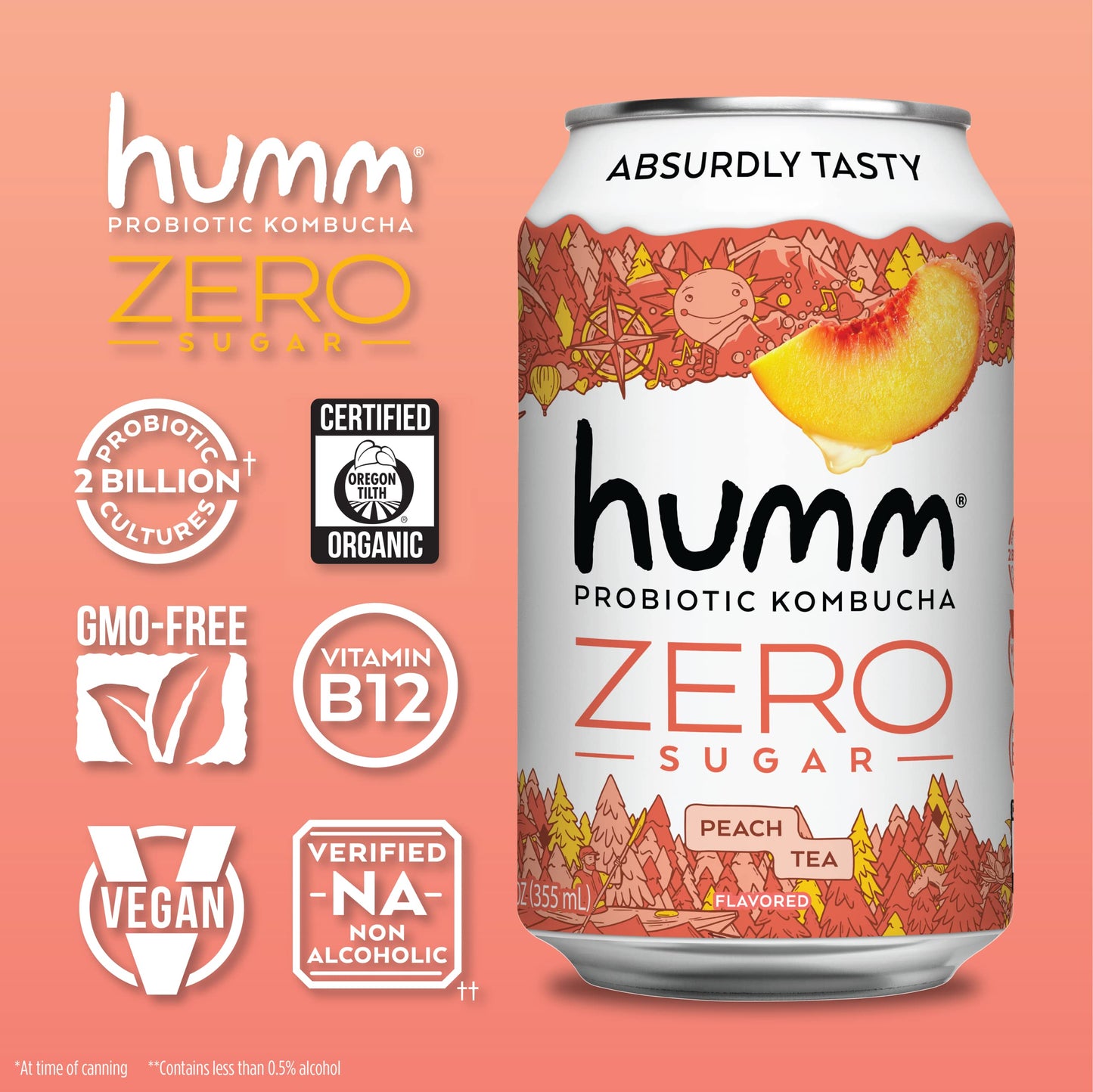 Humm Probiotic Kombucha Zero Sugar Peach Tea, No Refrigeration Needed, Keto Friendly, Organic, Vegan, Gluten Free, 12oz Cans (8
