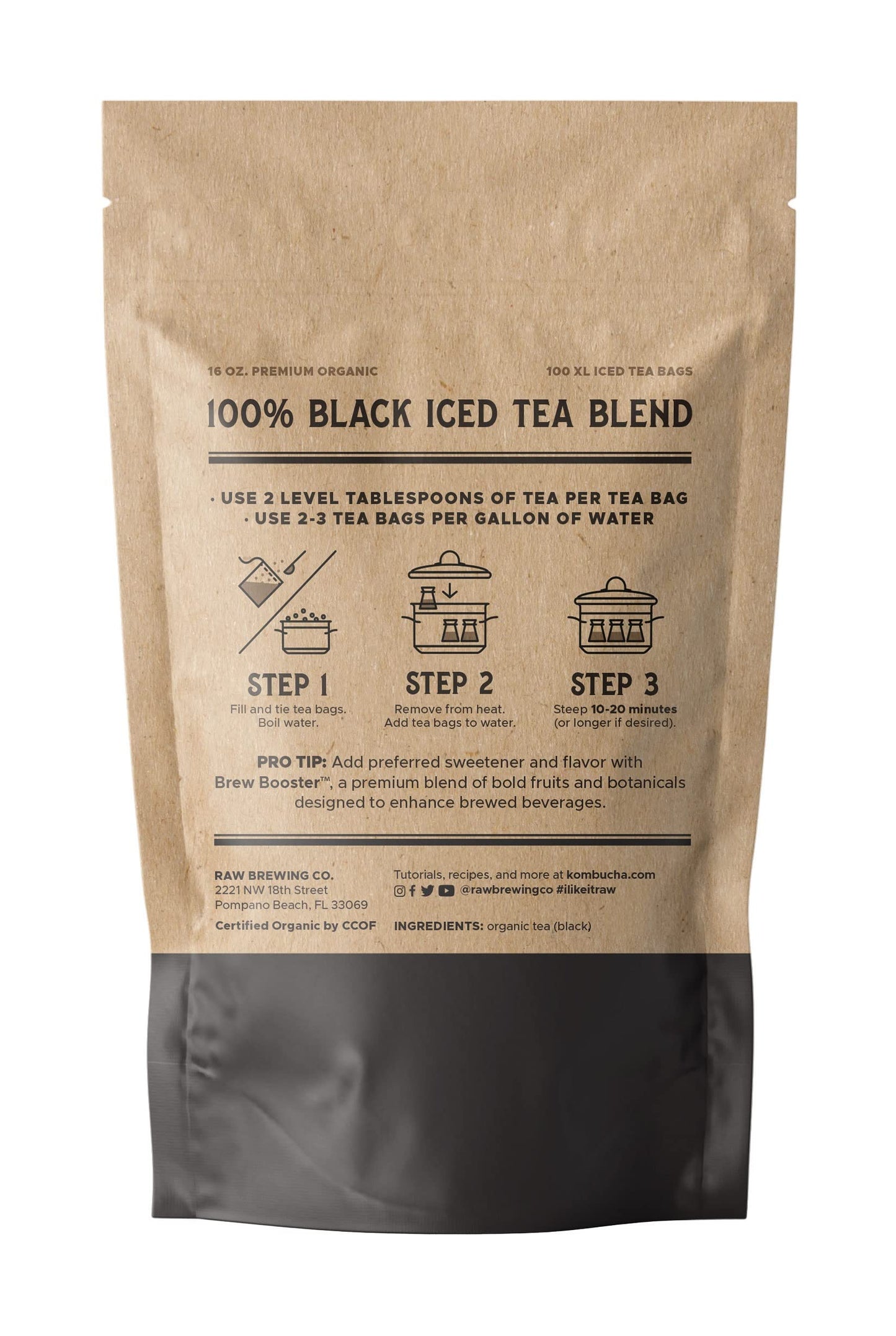 Raw Brewing Company Premium Organic Iced Tea Bags - 100% Black Blend, 100 XL Bags, 1 Pound, Makes 50 Gallons