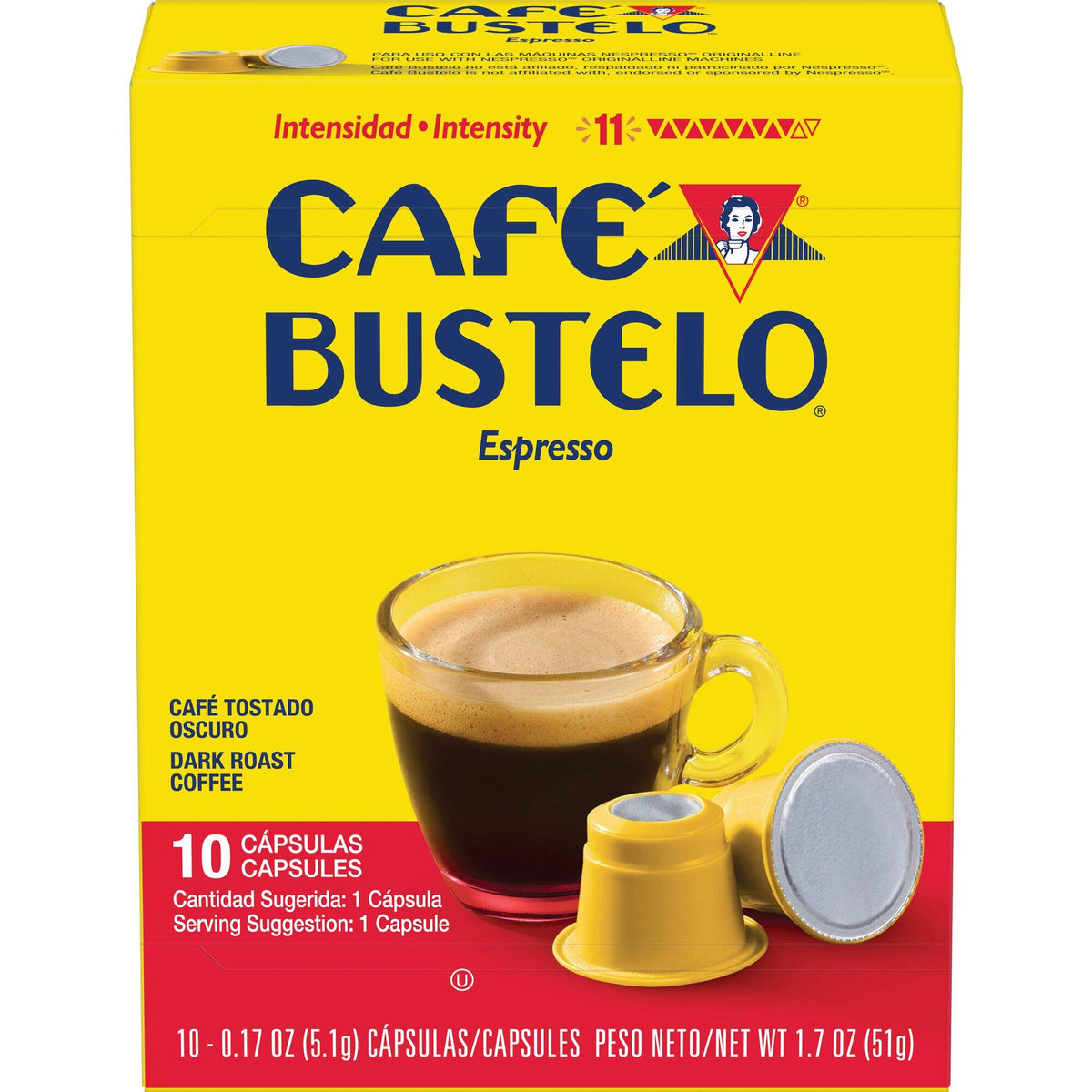Cafe Bustelo Espresso Dark Roast Coffee Capsules, 40 Count, 11 Intensity, Compatible with Espresso Machines