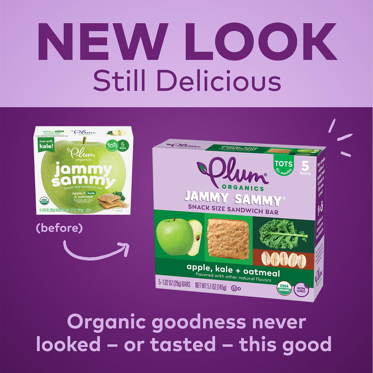 Plum Organics Jammy Sammy Snack Bars - Apple, Kale, and Oatmeal - 1.02 oz Bars (Pack of 30) - Organic Toddler Food Snack Bars