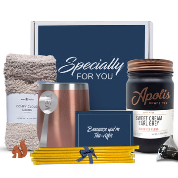 Modern Elegance Tea Gift Set for Women - Includes 15 Tea Sachets, 10 Honey Straws, Cozy Socks, Tea Bag Holder, Strainer, and Greeting Card