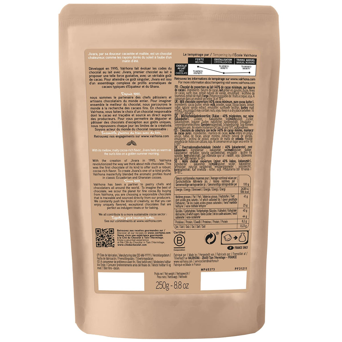 VALRHONA Milk Chocolate Discs, 40% Cacao, Easy Melt, 250g Pack