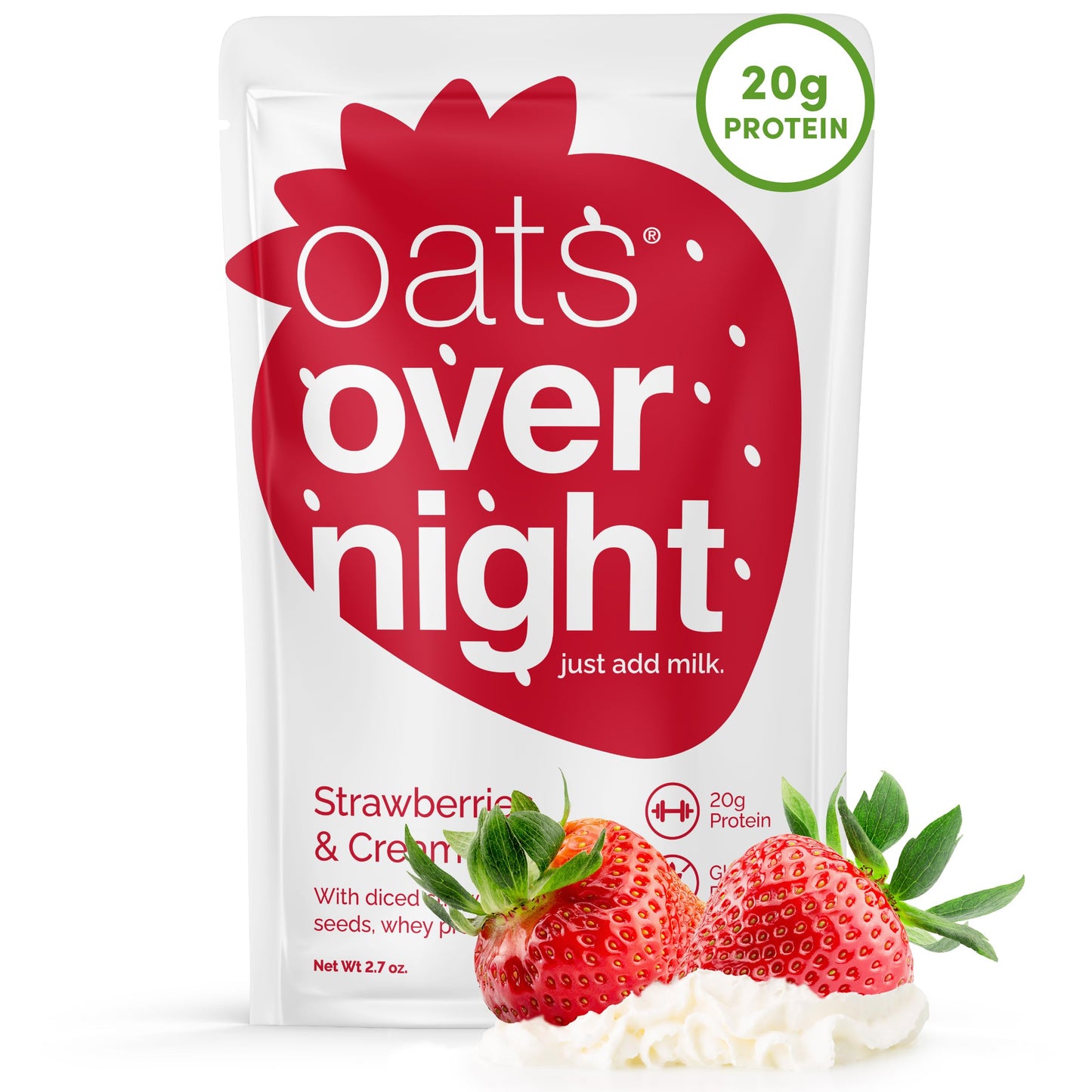 Oats Overnight Breakfast Shake - Strawberries & Cream - 20g Protein, High Fiber - 2.7 oz (16 Pack) - Gluten Free, Non GMO