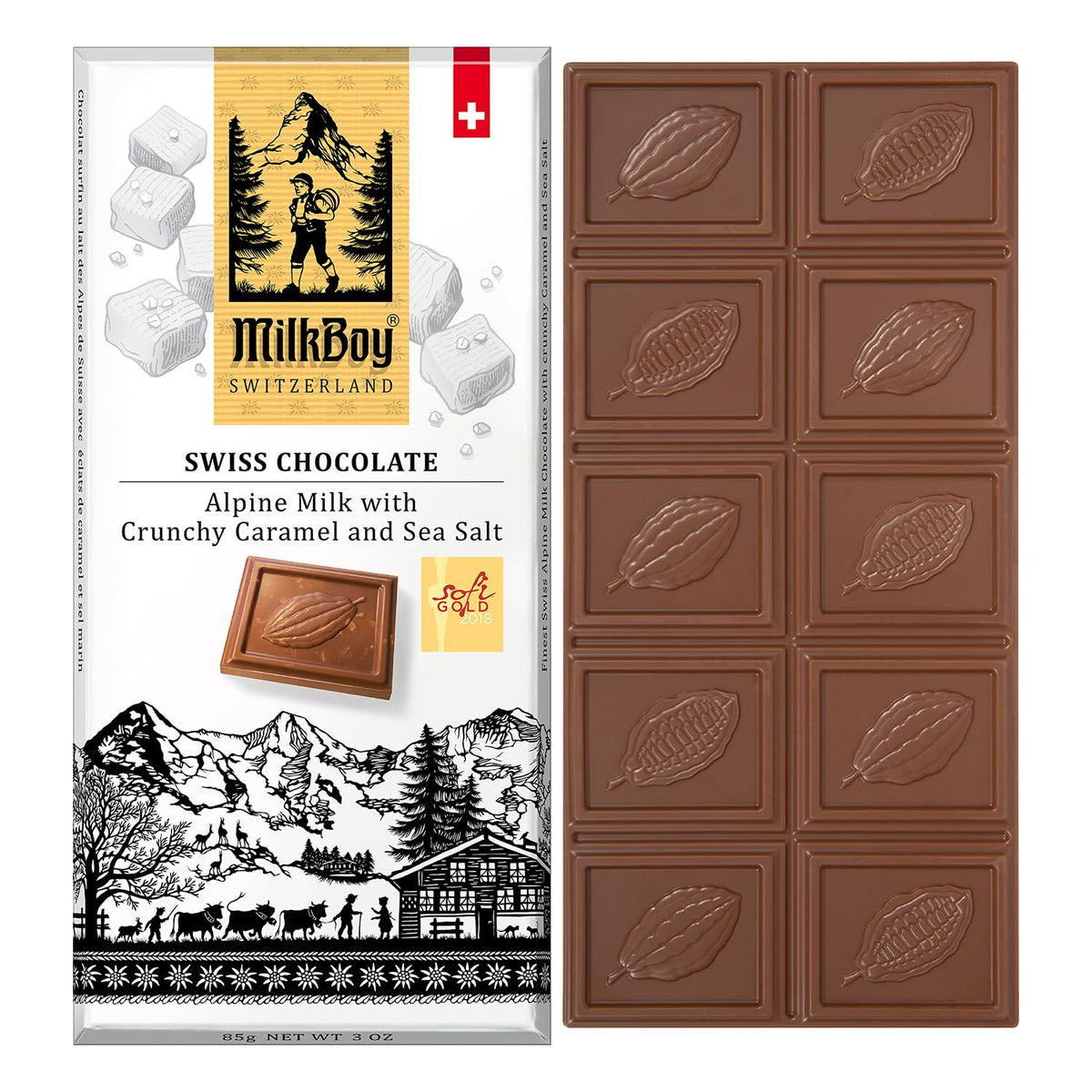 Milkboy Swiss Chocolates Milk Chocolates - Alpine Milk Chocolate Bars With Crunchy Caramel Sea Salt - Gluten-Free Non-Gmo All Natural - Made In Switzerland - 3 Oz  Pack 1