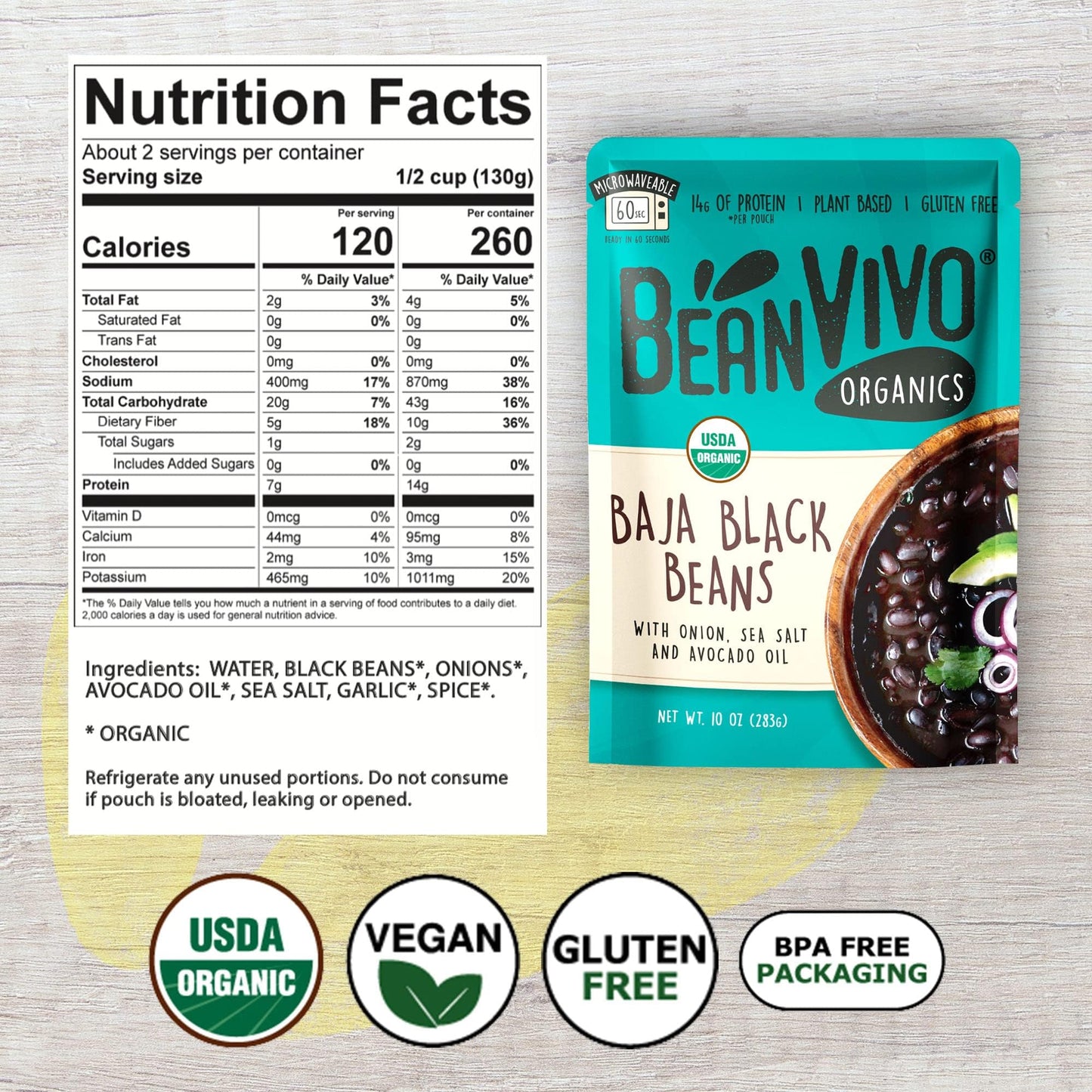 BeanVIVO Plant-Based Protein Baja Black Beans - Gluten-Free, Good Source of Fiber, 10 oz (Pack of 6)