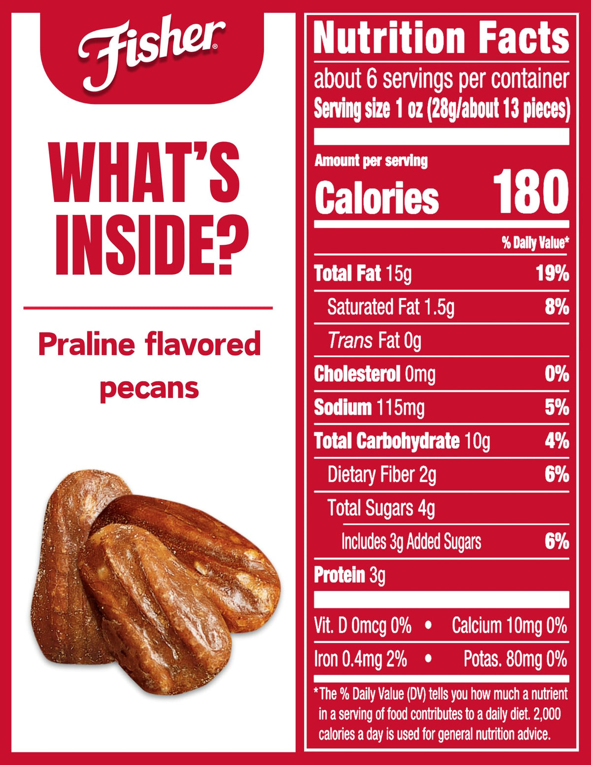 Fisher Praline Pecans, Resealable Pouch, 5.5 Ounces, Whole M th Pecans, Model P27108