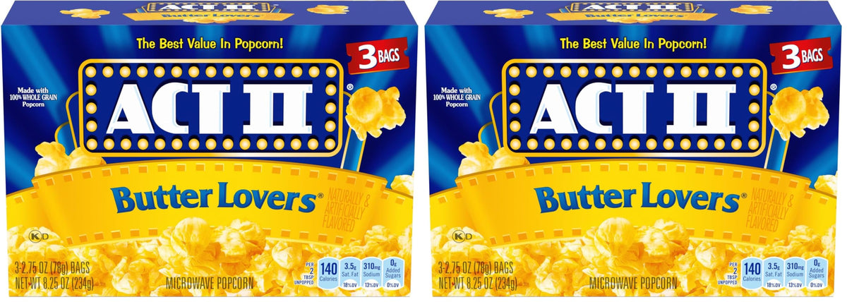 ACT II Butter Lovers Microwave Popcorn, 3-Count 2.75-oz. Bags (Pack of 2)