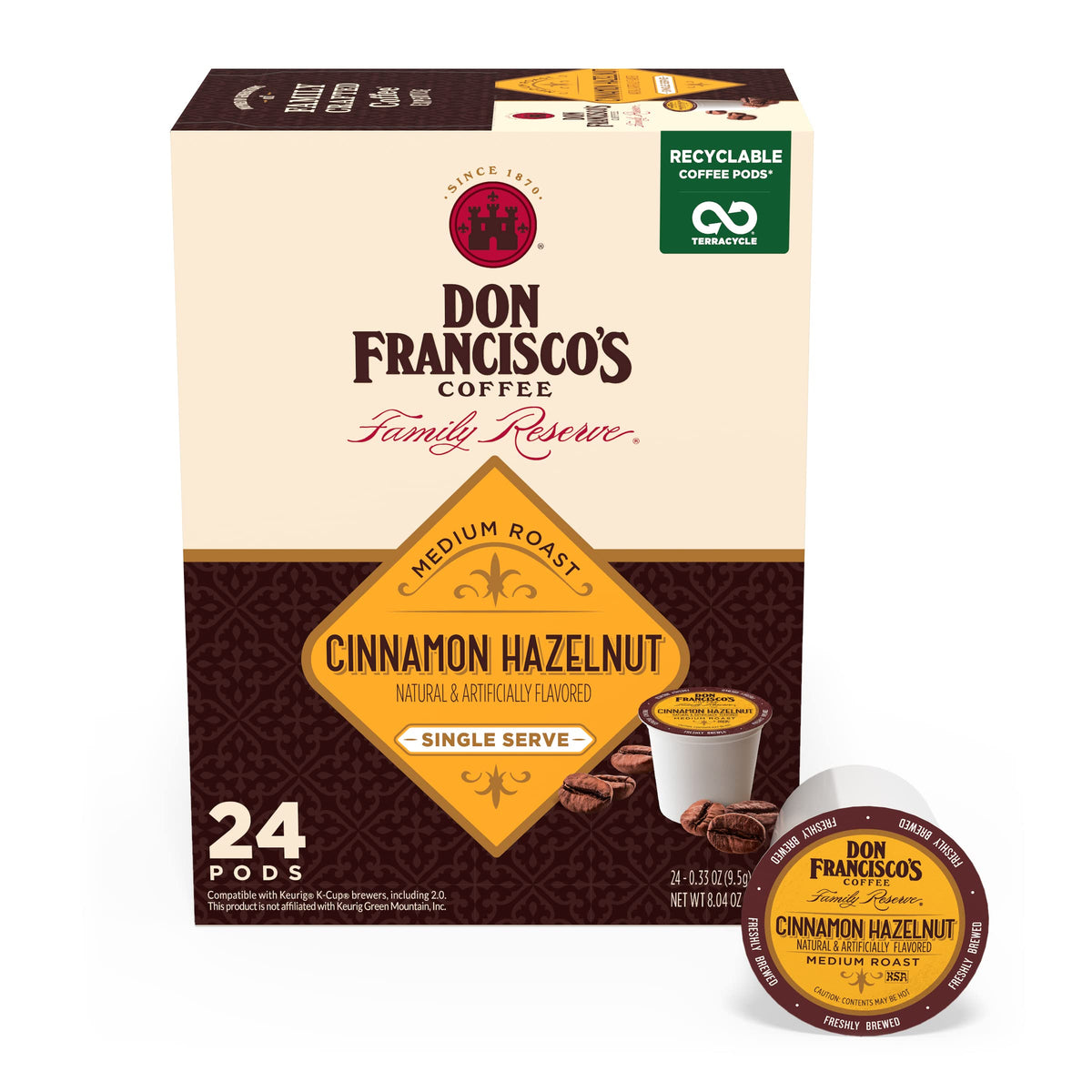 Don Francisco'S Cinnamon Hazelnut Flavored Medium Roast Coffee Pods - 24 Count - Recyclable Single-Serve Coffee Pods, Compatible