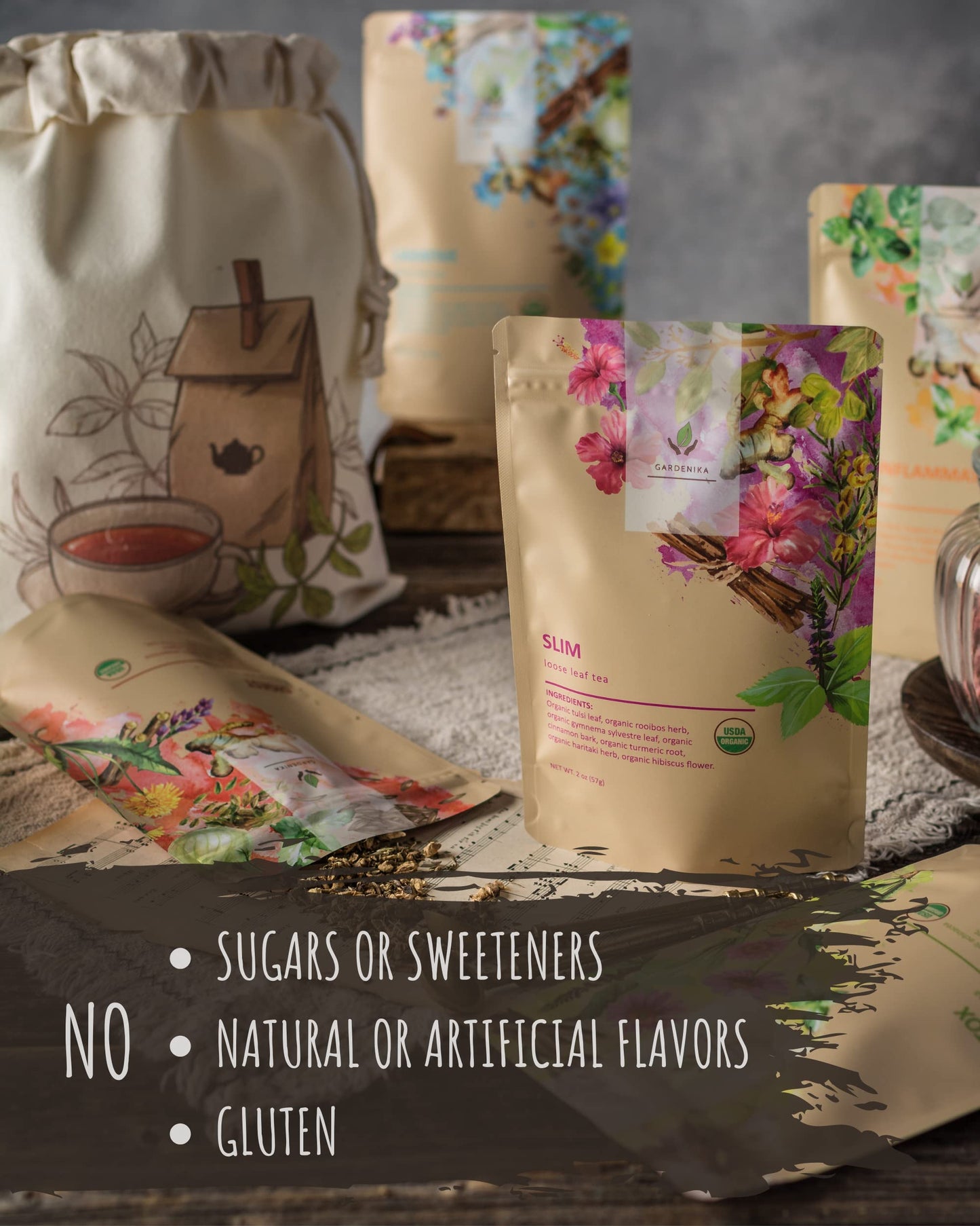 Gardenika Organic Loose Leaf Tea Set - Herbal & Caffeine-Free - 5 Pack - Kosher - No Artificial Flavors - Model 1042365518
