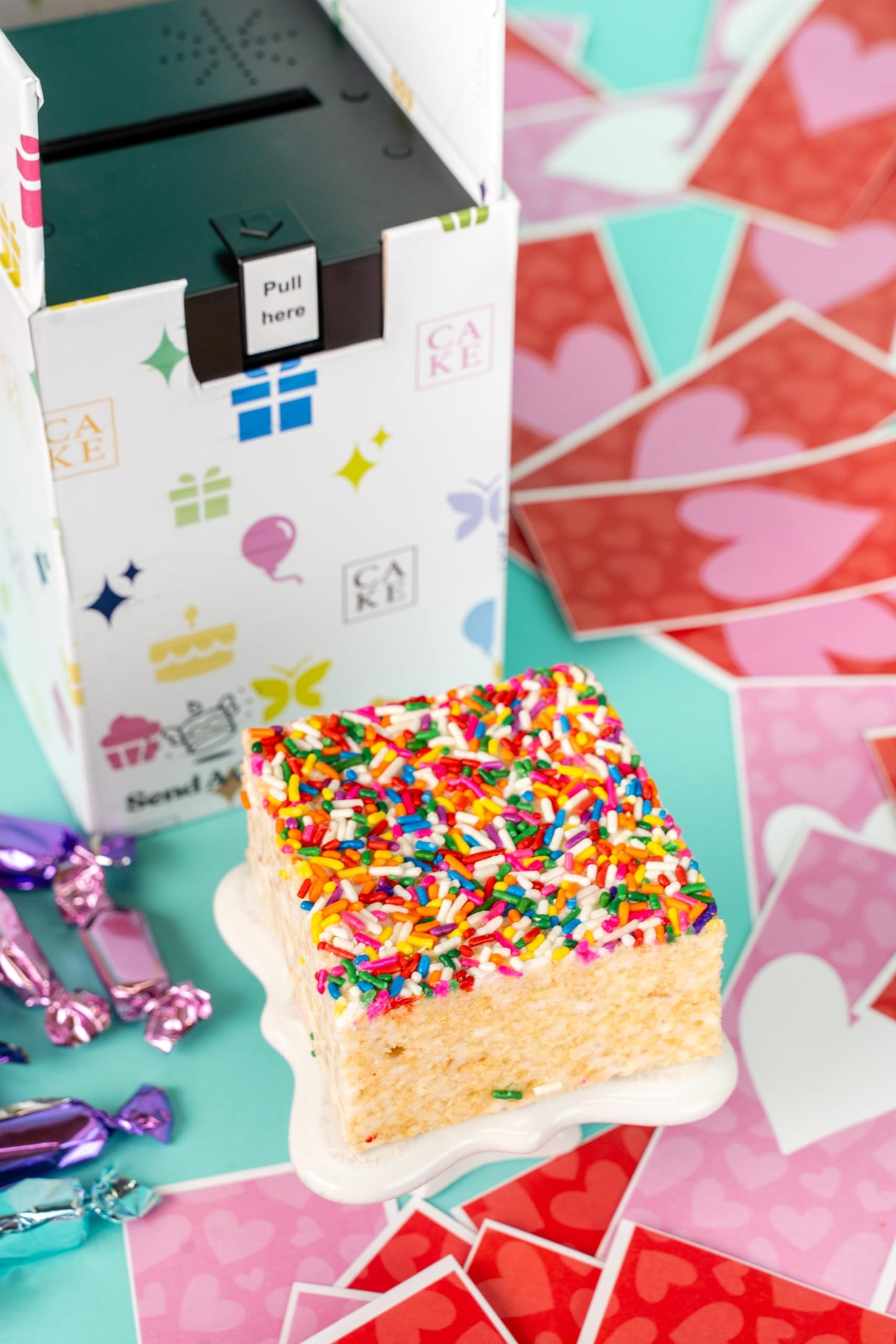 Celebration Love Shower Gift Box By Send A Cake Music Gift With 20 Foil-Wrapped Caramels & 3 Rainbow Sprinkle Crispy Cake – Ready-To-Gift, No Assembly, Birthday, Anniversary, Or Celebration Gift For Women, Men & Kids