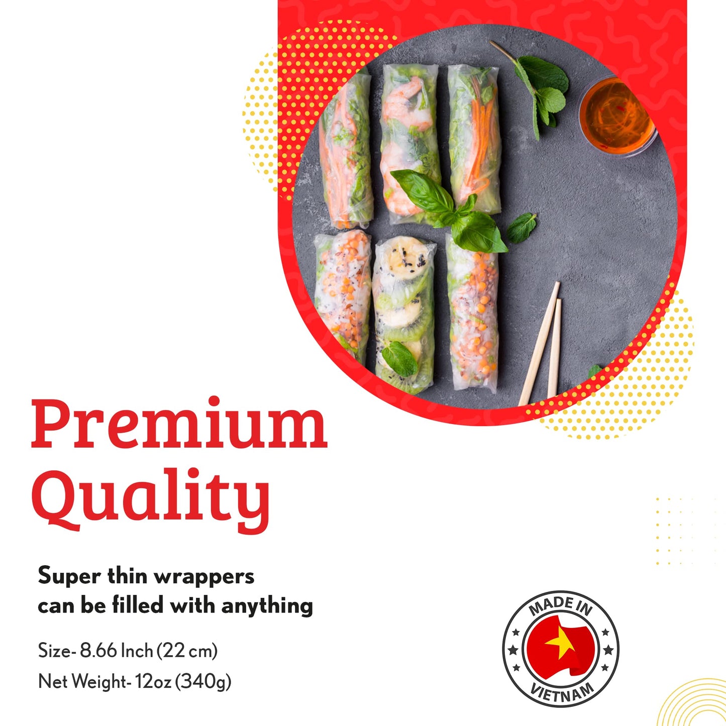 Cathay Fresh Spring Roll Rice Paper Wrappers, Non-GMO, Low Carb, Square, 22cm, 30 Sheets, White