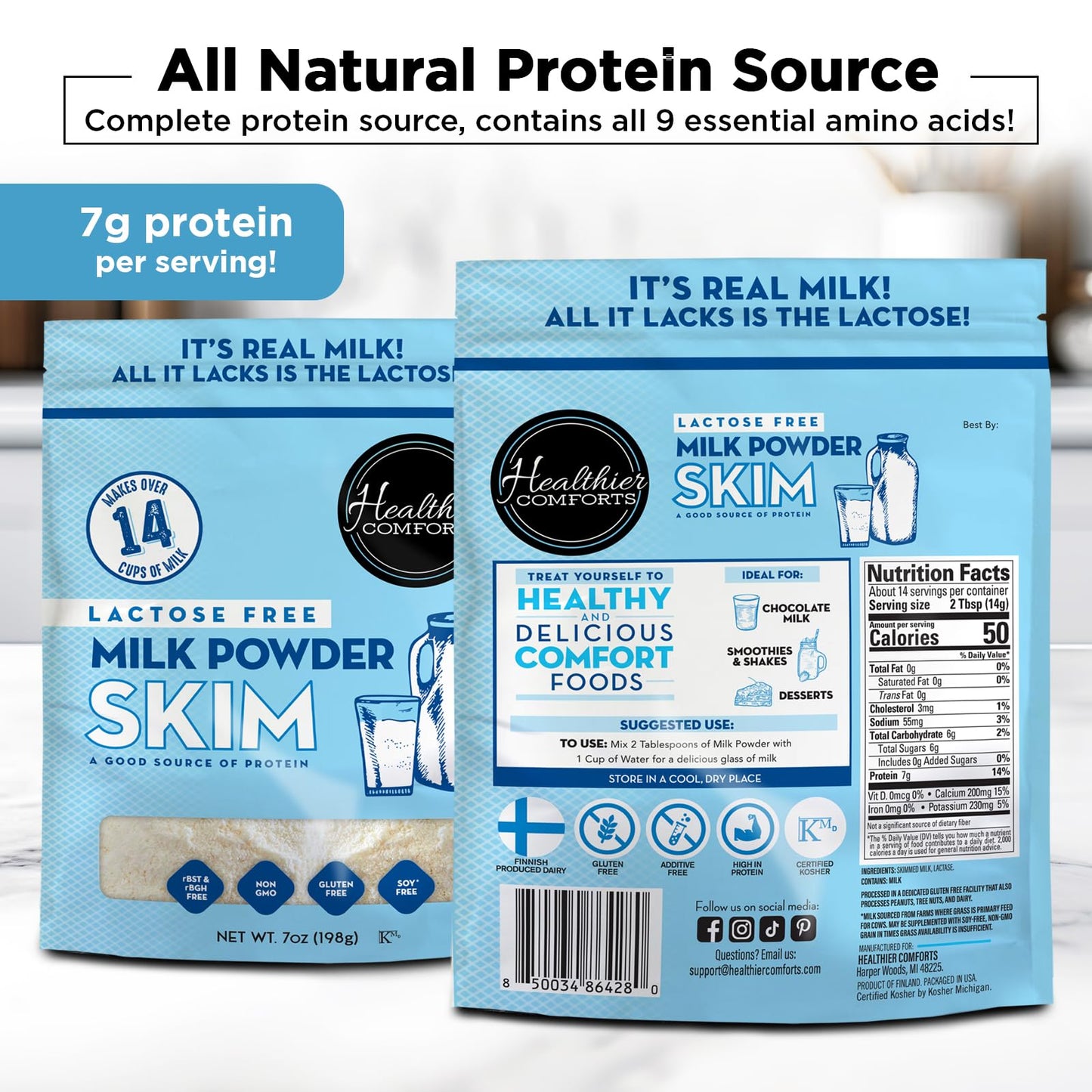 Healthier Comforts Lactose Free Skim Milk Powder, High Protein, Fat Free, 21 oz