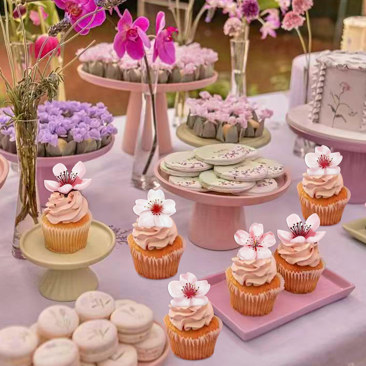 40 Pack Edible Cherry Blossom Cupcake Toppers Spring Bridal Engagement Baby Shower Birthday Party Cupcake Picks Drink Topper Ann