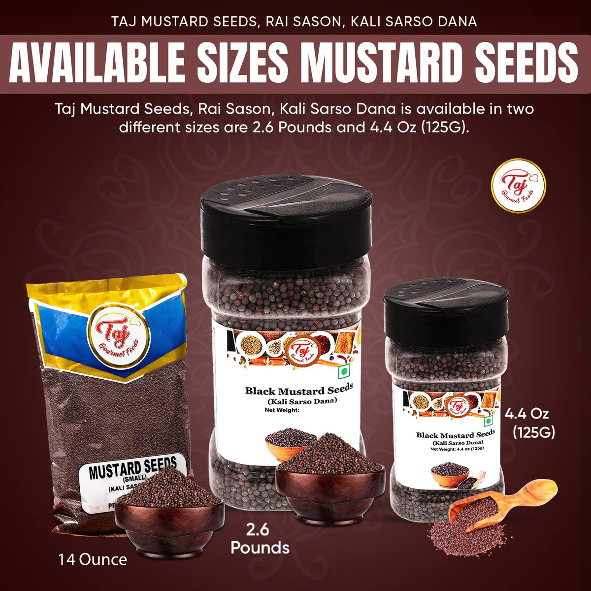 Taj Premium Indian Mustard Seeds, Rai Sason, (Bold), (14 Ounce)