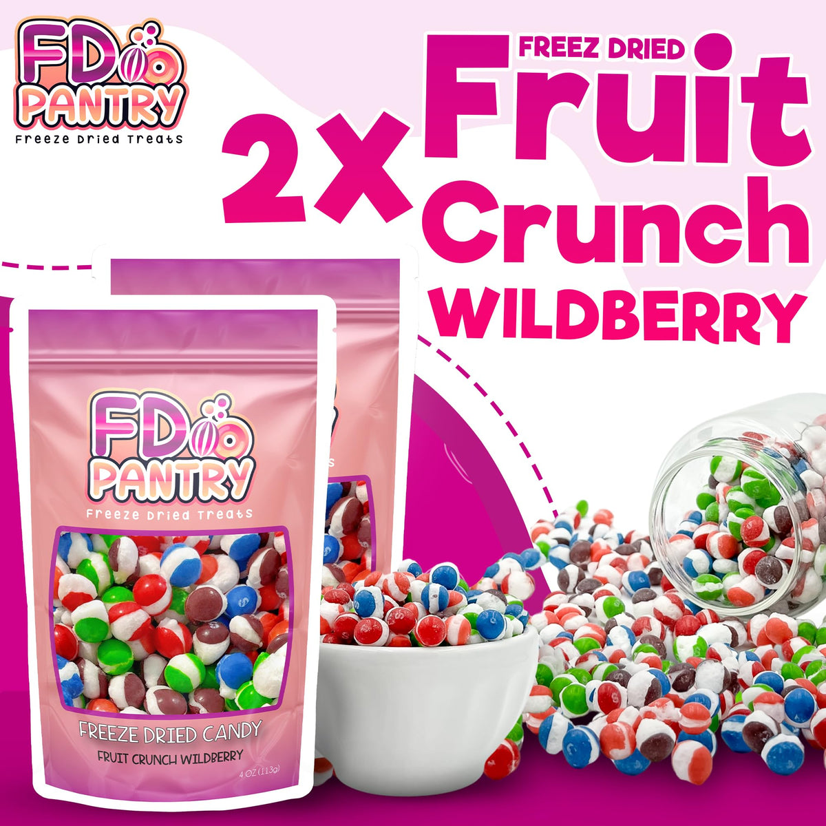 Freeze Dried Candy Fruit Crunch Wildberry, 4 oz, 2 Pack, Assorted Berry Punch, Melon, Strawberry, Cherry, Raspberry, Gift Bag