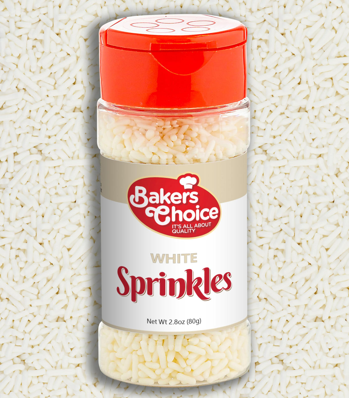 Bakers Choice White Jimmies Sprinkles - Dairy Free, Kosher, 2.8 oz.