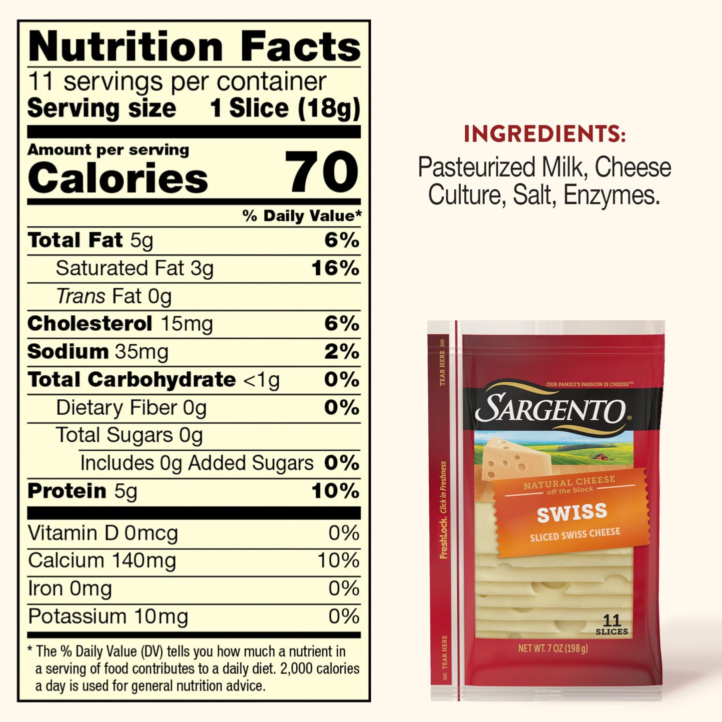 Sargento Natural Swiss Sliced Cheese, 11 Slices