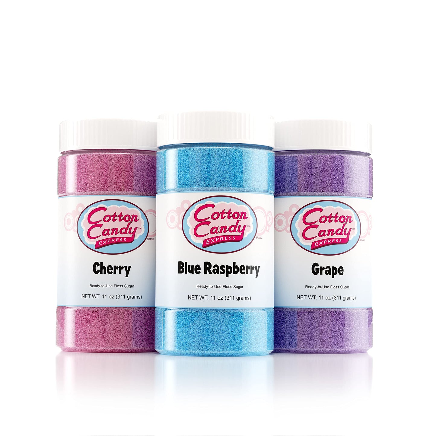 Cotton Candy Express Floss Sugar Variety Pack with 3 - 11oz Plastic Jars of Cherry, Blue Raspberry & Grape Flossing Sugars. Use 