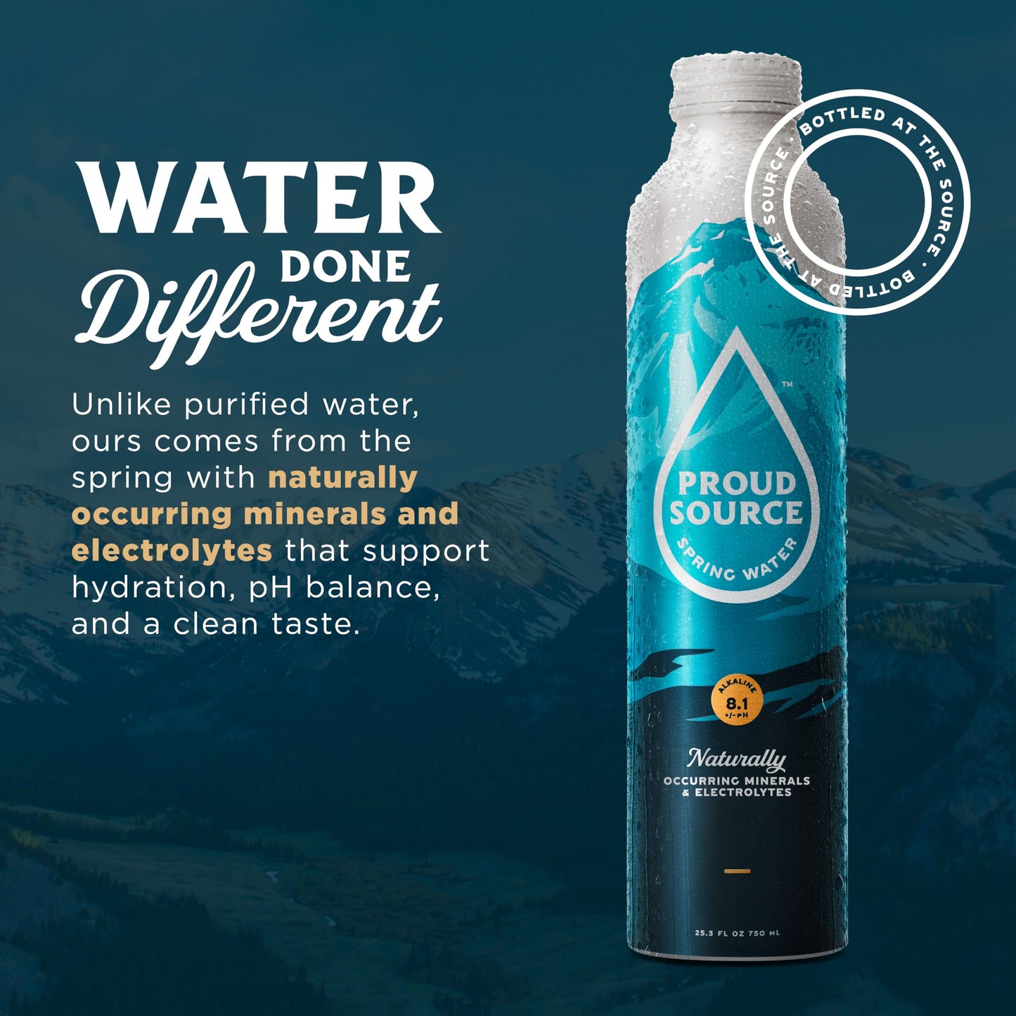 Proud Source Alkaline Spring Water - Rocky Mountain Sourced Mineral Water with Electrolytes  BPA-Free Infinitely Recyclable Aluminum Bottles  Unflavored  25 Fl Oz (Pack of 24)