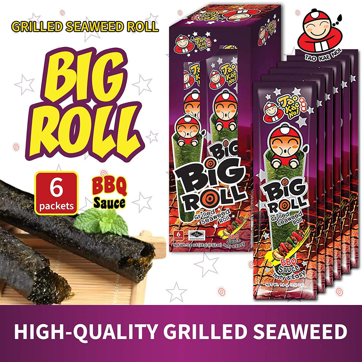 Tao Kae Noi Grilled Sea  Snacks, BBQ Flavor, 6 Count, 3g Bags, Healthy Nori Rolls for Kids and mature-themeds