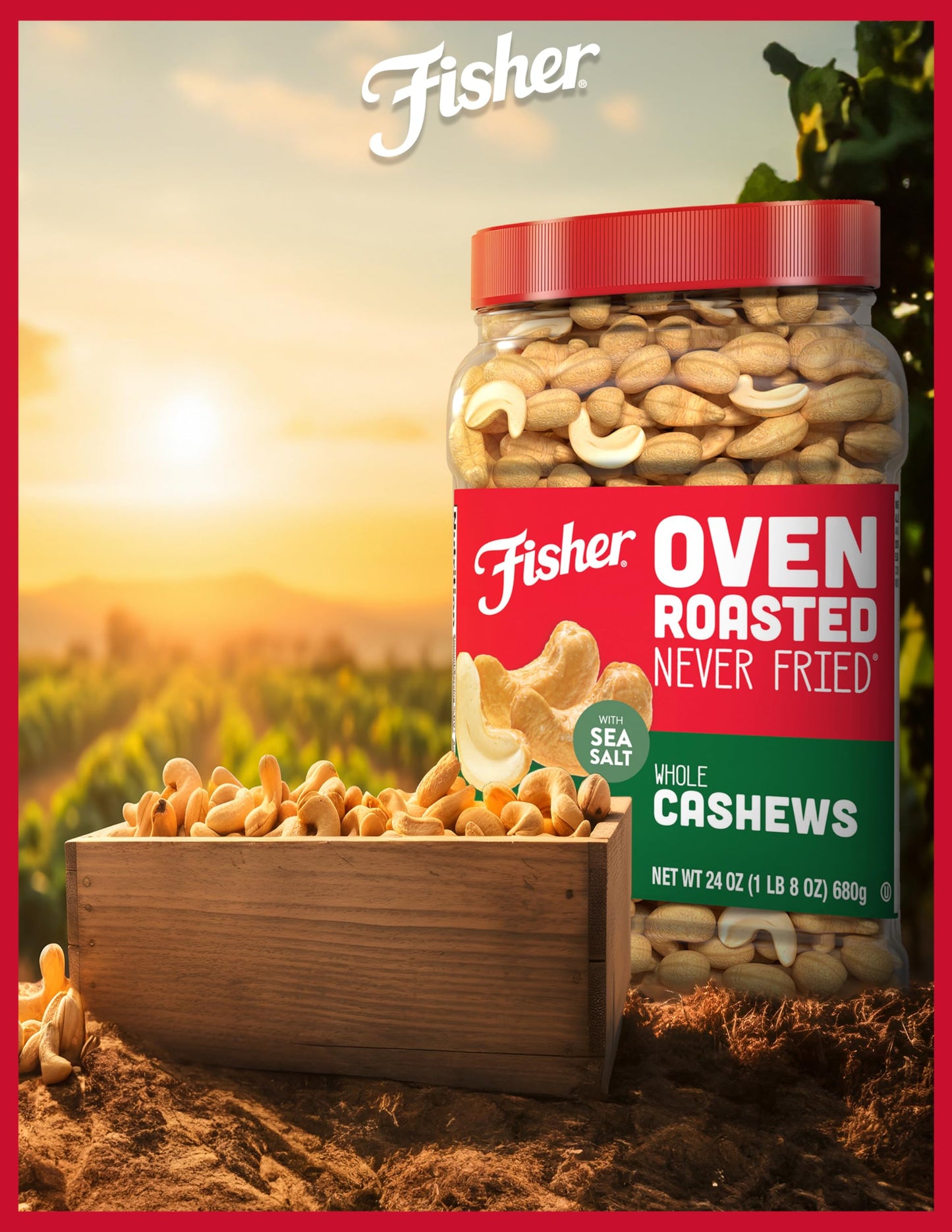 Fisher Whole Cashews, Oven Roasted, Sea Salt, 24 Ounces, Gluten Free, Vegan Protein, Snack