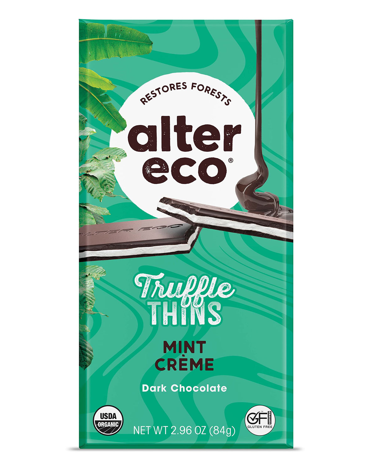 Alter Eco Mint Creme Truffle Thins, Chocolate Bar with Gooey Ganache Truffle Filling, Gluten-Free, Non-GMO Snacks, No Additives 