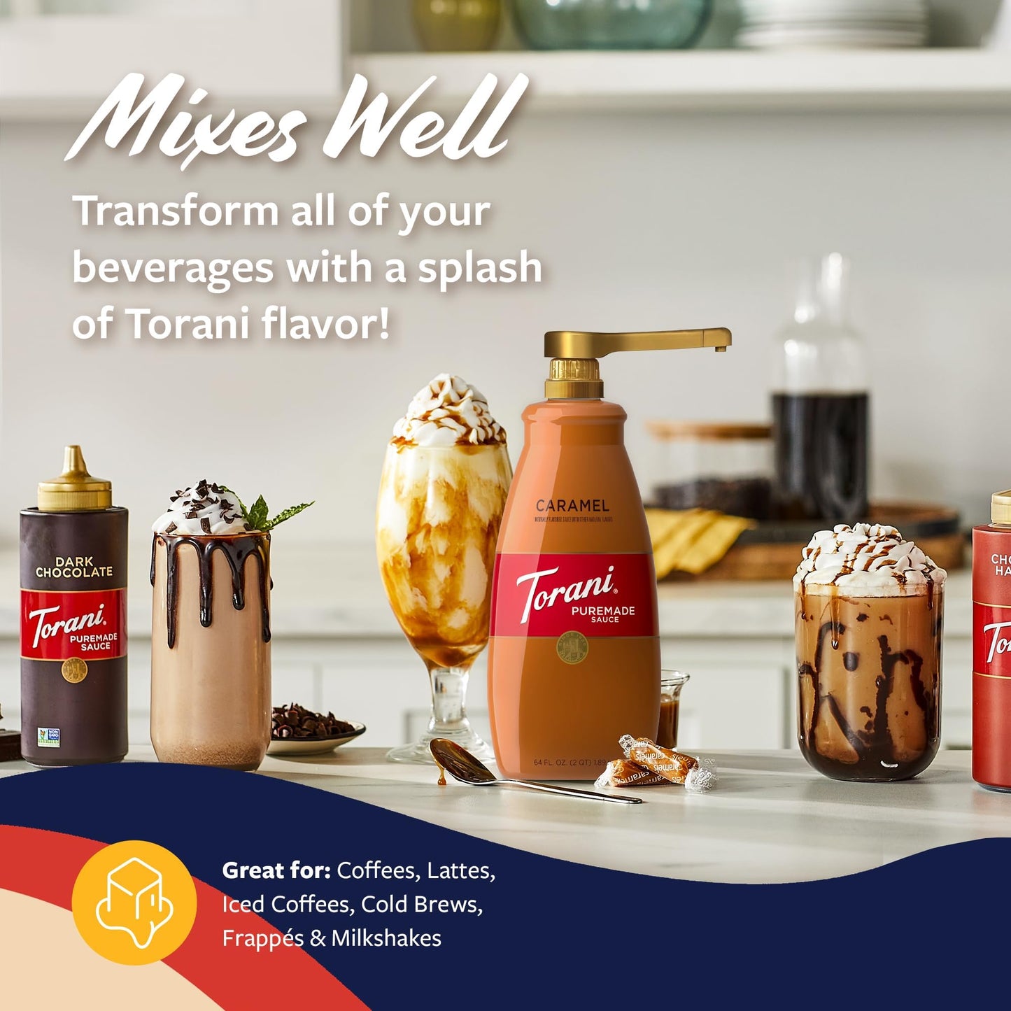 Torani Puremade Caramel Sauce for Coffeehouse Drinks and Desserts  Large 4lb Bottle  Pump Included  64 Fl Oz
