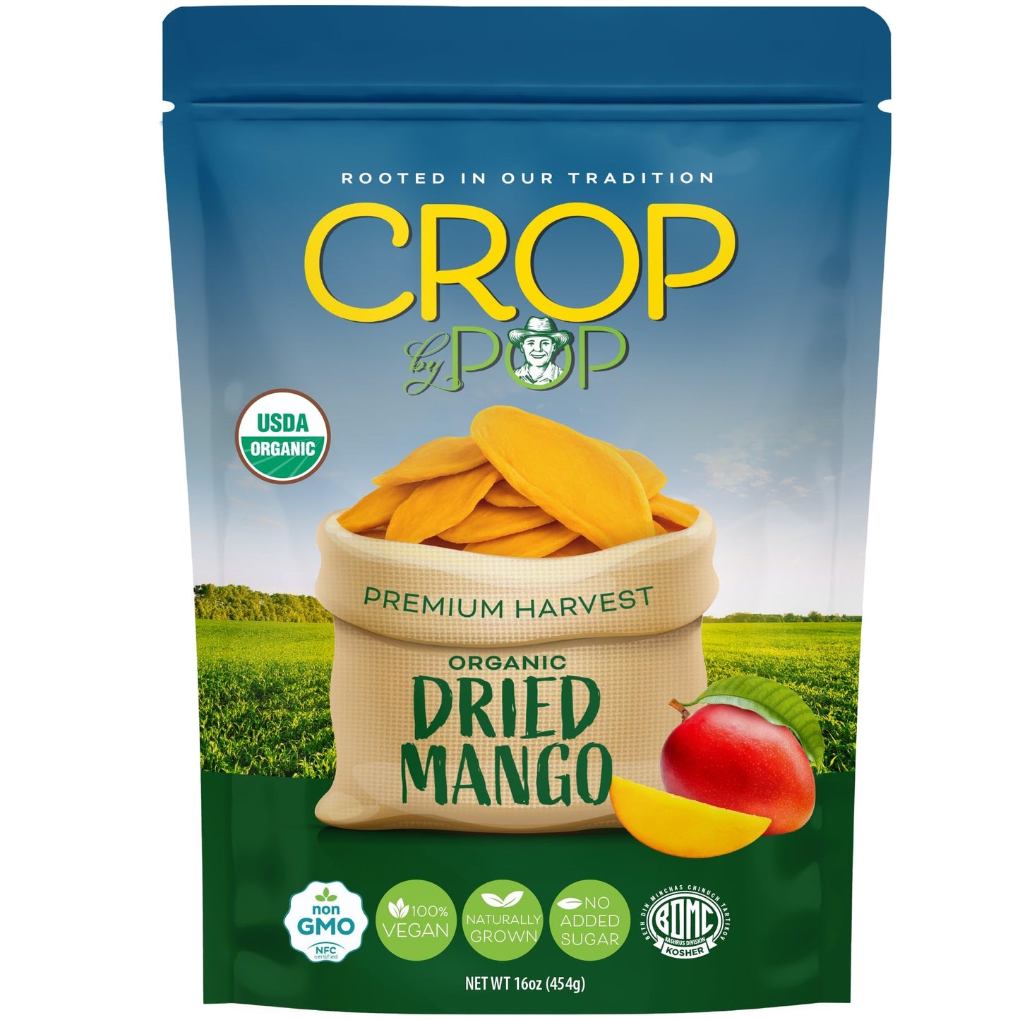 CROP BY POP - Organic Sun Dried Mango Slices, No Sugar Added, Unsulphured (16oz, 1 LB) Sweet Healthy Snack, USDA Organic, Non GM